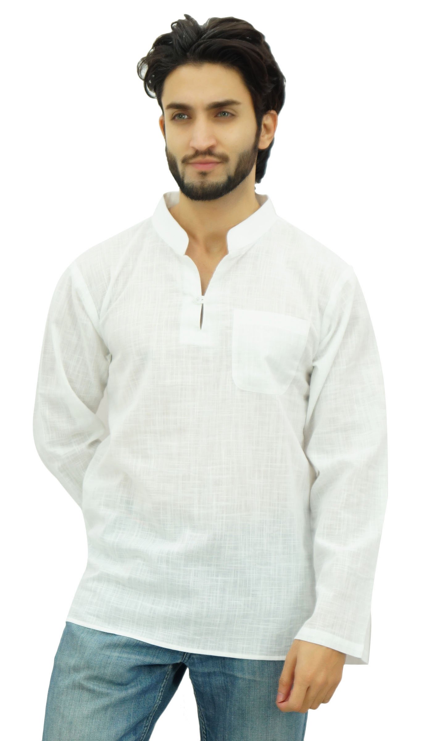 AtasiMen's Band Collar Short Kurta Cotton Casual Shirt