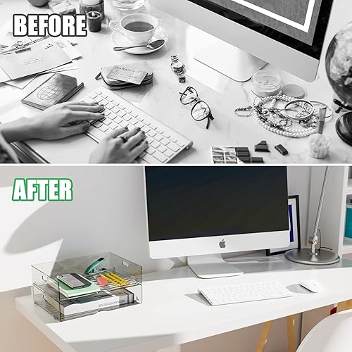 Miniatura 2 de NiOffice Juego de bandejas de escritorio para cartas de 2 niveles, tamaño A4, organizador de documentos apilable, organizador de documentos de