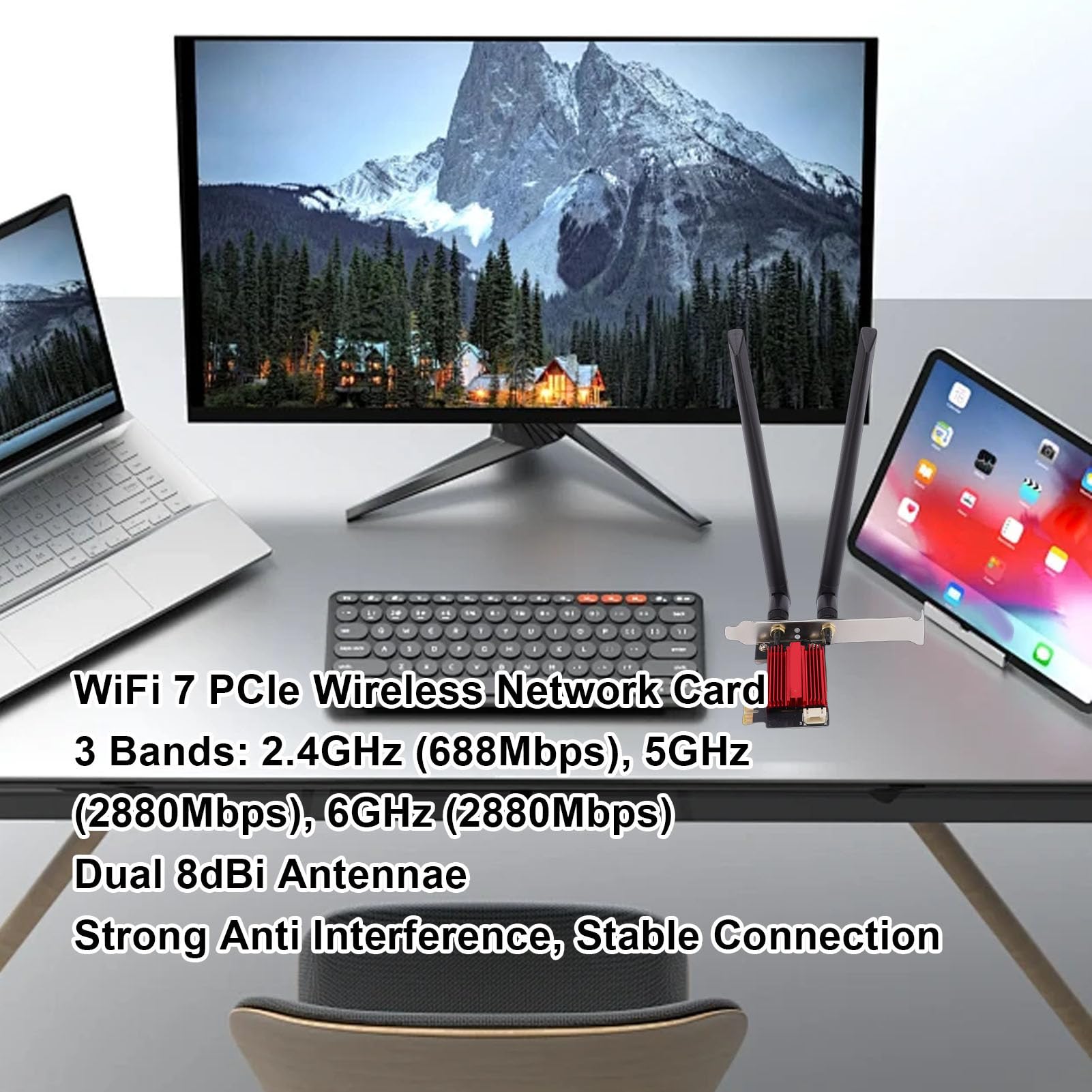 Tosuny Adattatore Wireless WiFi 7 Desktop 6400 Mbps |Supporto per Scheda PCIe Tri-Band da 6 GHz per 10/11 Doppia Antenna da 8 DBi