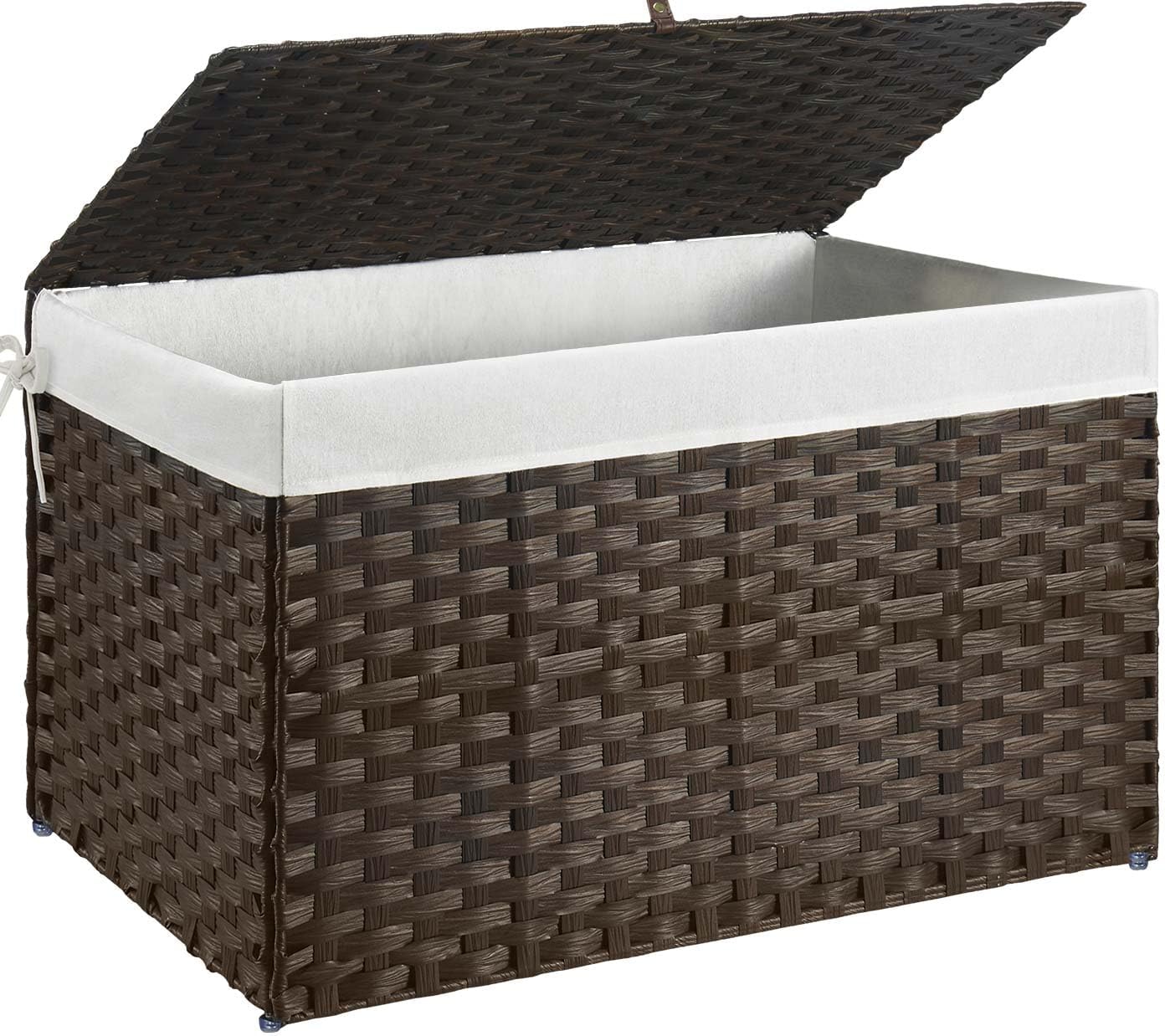 GREENSTELL Storage Basket with Lid, 42.3 Gallon(160L) Lagre Wicker Blanket Storage Basket with Handles, Foldable, 2 Removable Liner Bags, Metal Frame, for Bedroom, Laundry Room, Brown