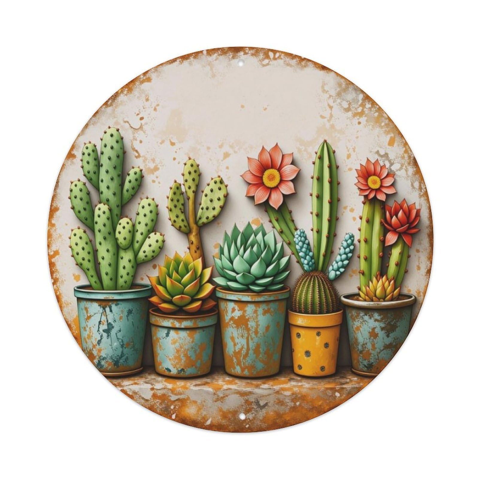 Vintage Distressed Potted Cactus Succulent Round Metal Sign Vintage Aluminium Metal Sign, Retro Wall Decor for Home, Bar, Garage & Farmhouse 20x20cm