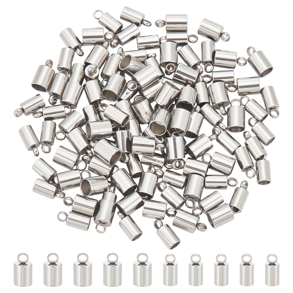 UNICRAFTALE 100 pz 2 Dimensioni 3/4mm Estremità del Cavo del Barilotto 304 Tappi Terminali in Acciaio Inossidabile Estremità del Cavo in Pelle Terminatori Punta Terminale Perline