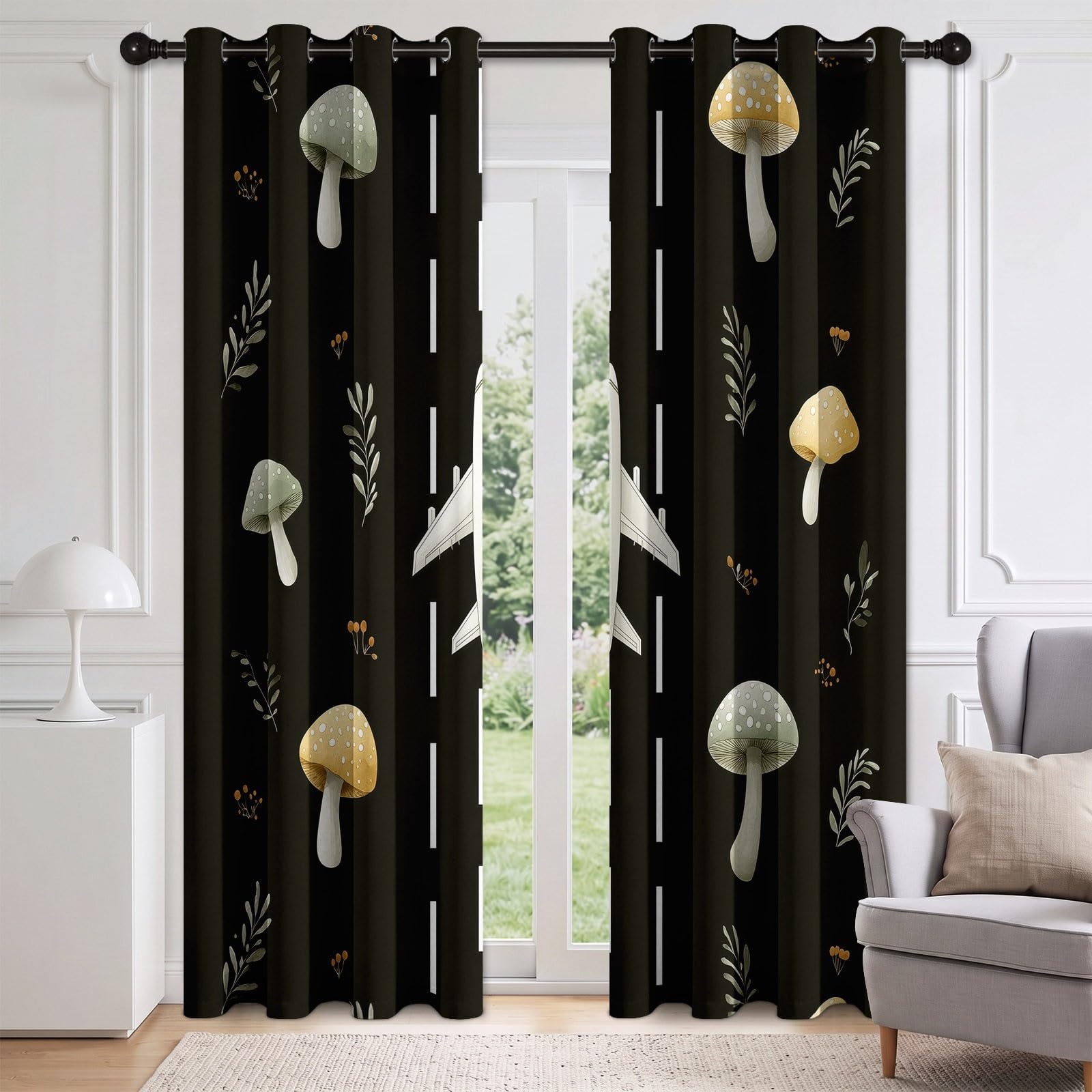 Générique Rideau Style Forêt Fantaisie Opaque 100% Occultant 2 Panneaux 140Lx180H cm, Isolant Thermiques Anti Froid Chaleur, Rideaux Avion Champignon Chambre Enfants Chambre Salon, avec Oeillets