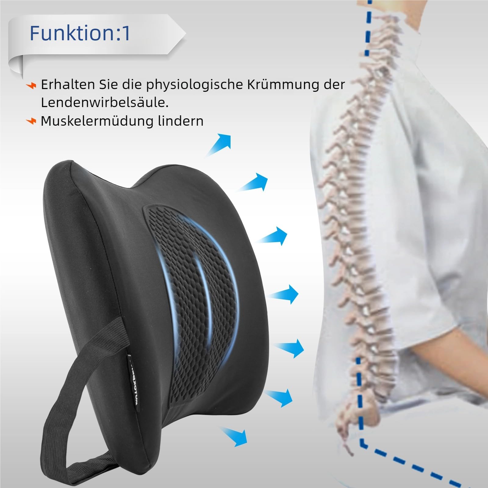 Lendenwirbelkissen Memory Foam Ergonomisches Lordosenstütze Auto Rückenkissen für Bürostuhl, Autositz & Rollstuhl, Verstellbar Bequem Atmungsaktives Gel Lendenkissen für Reisen Schlafen Arbeiten