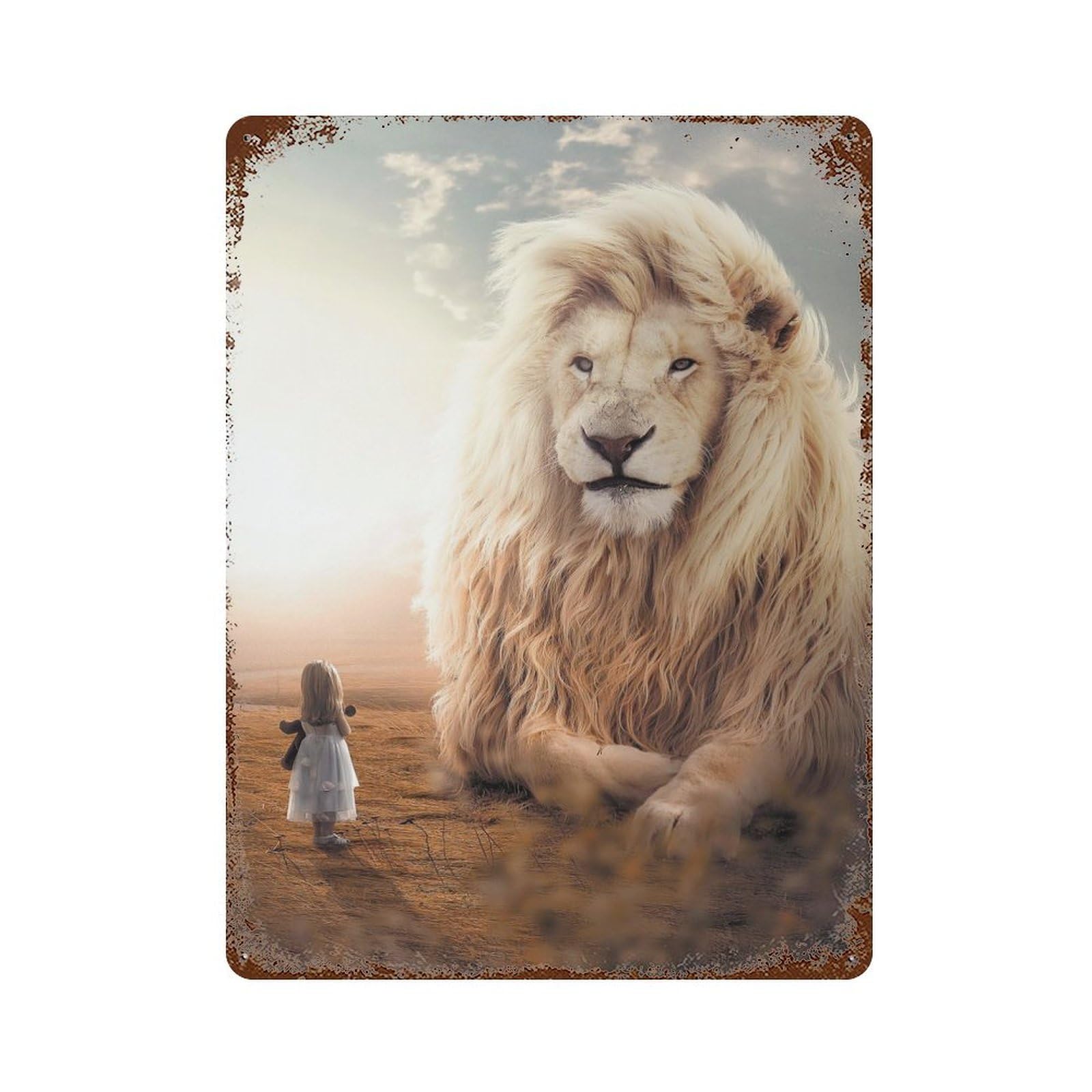 Aged Metal Wall Plaque with The Huge White Lion Design 15.7"x11.8", for Basement, Hobby Room And Garage Decor, Farmhouse Wall Decor