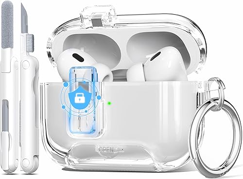R-fun Funda transparente para AirPods Pro de 21 generación con kit de limpieza y clid de bloqueo, desplegable automáticamente, funda transparente de
