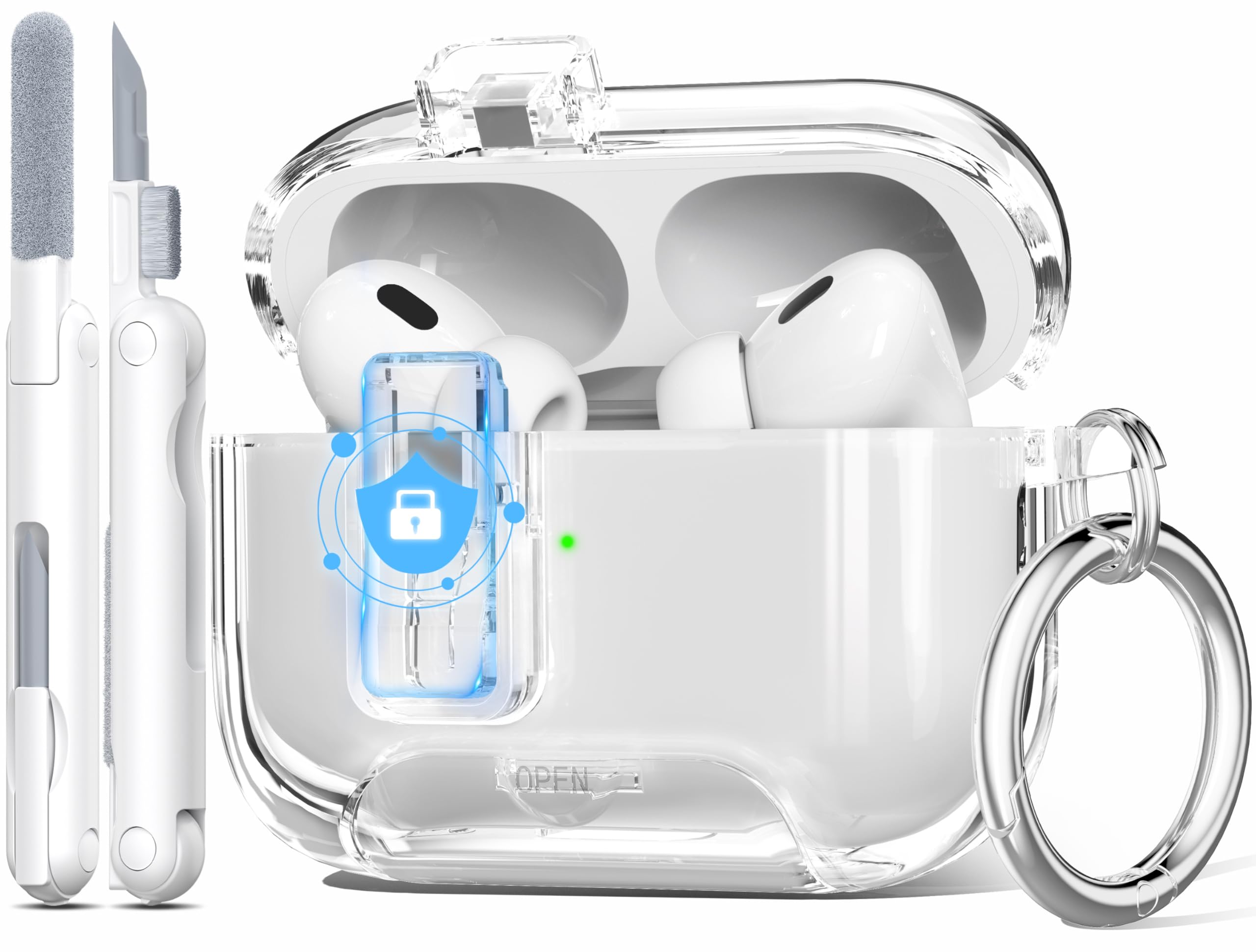 R-fun for AirPods Pro 2nd/1st Generation Case Clear with Lock Clid and Cleaner Kit,[Auto Pop-Up] Soft TPU Clear Cover with Bracket & Dustproof Design for AirPods Pro Case with Keyring