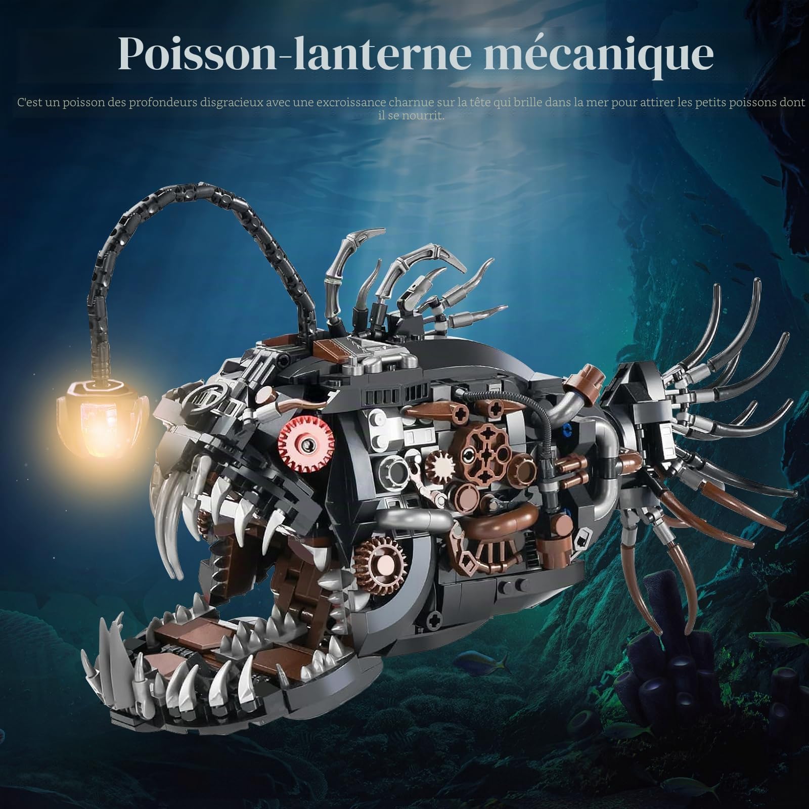 Lanterne mécanique Poisson Briques de construction compatibles avec les marques célèbres - 1038 pièces - Animaux créatifs - Technique Steampunk Rétro Océan Moc - Kit de modélisme avec lumière - Cadeau