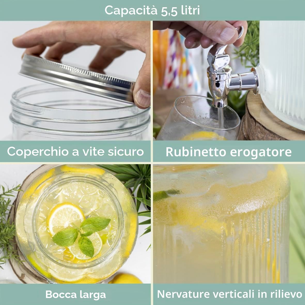 Dispenser per bevande in vetro 5,5 litri con rubinetto, coperchio a vite, collo largo, design retrò