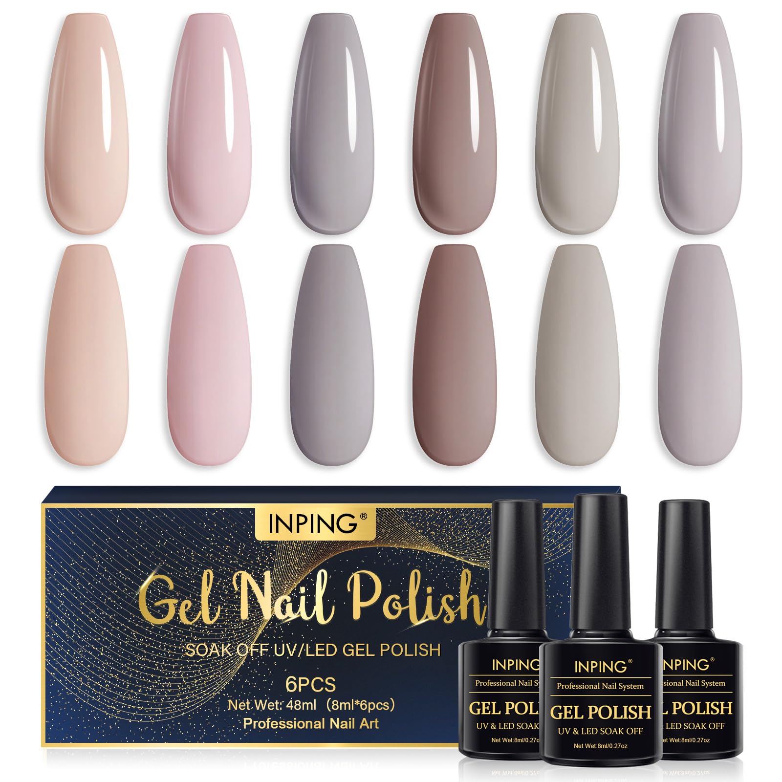 INPING Esmaltes Semipermanentes de Uñas en Ge, Marrón Desnudo Pintauñas Gel, Luz Natural Gris Marrón Desnudo Kit de Esmaltes de Uñas Gel UV LED para Principiantes Franceses Manicura Kit