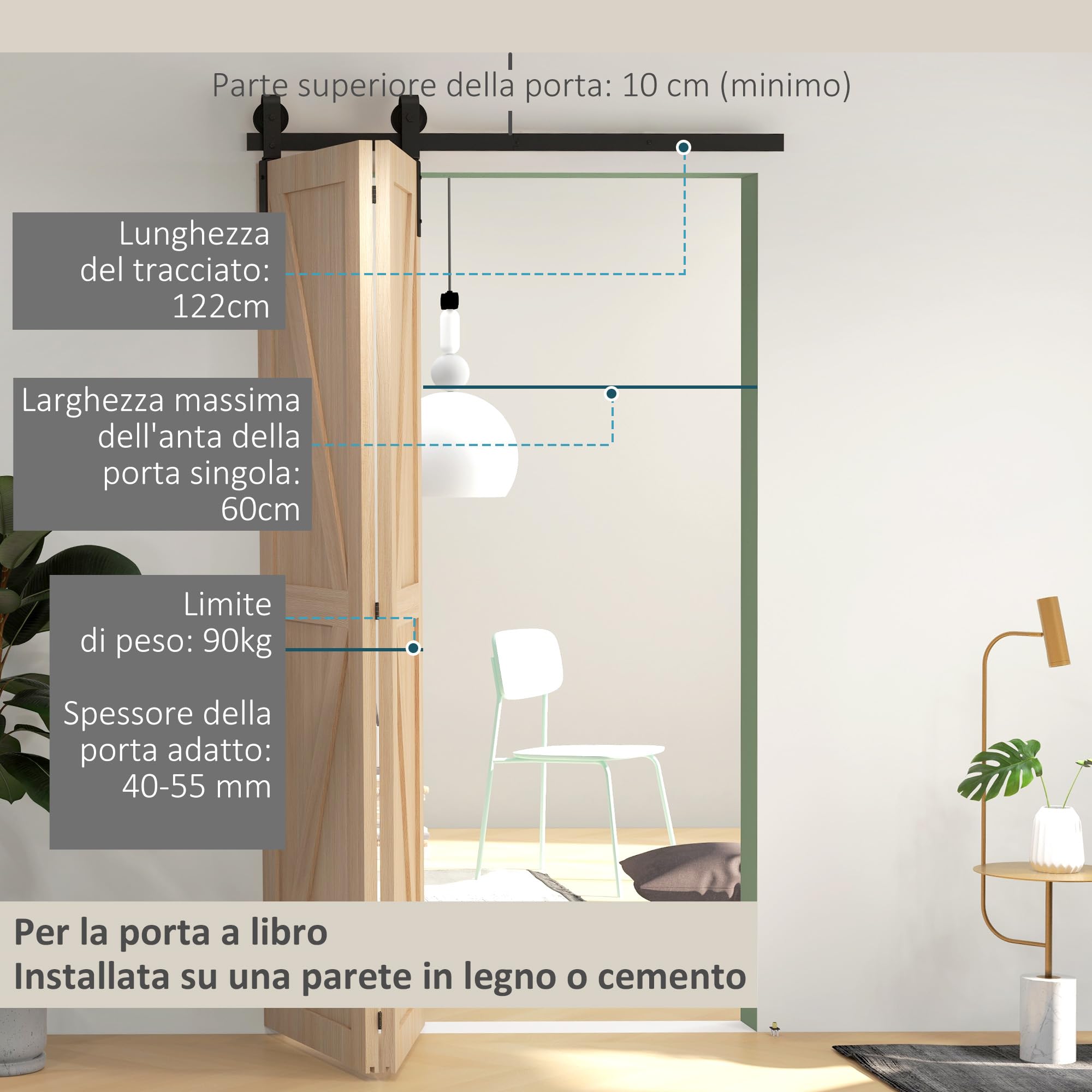 HOMCOM Kit per Porta Scorrevole Pieghevole in Acciaio al Carbonio Nero 122x0.5x4 cm con Accessori Inclusi