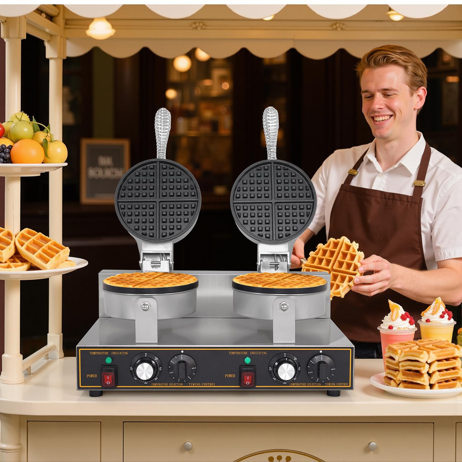 Máquina de gofres doble de 2400 W, para restaurante, antiadherente, redonda, waflera comercial, máquina de gofres grande para hotel, acero inoxidable grueso 5