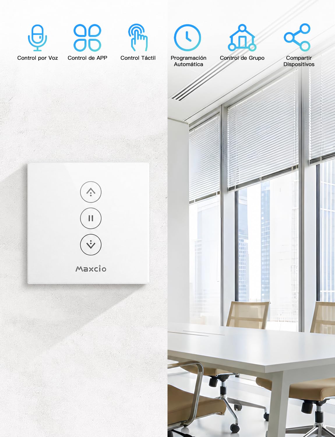 Maxcio Interruptor Persiana WiFi Inteligente, Conmutador de Cortina Compatible con Alexa y Google Home, Temporizador Automático, Panel de Vidrio Táctil Empotrable, Requiere Cable Neutro, 2 Packs