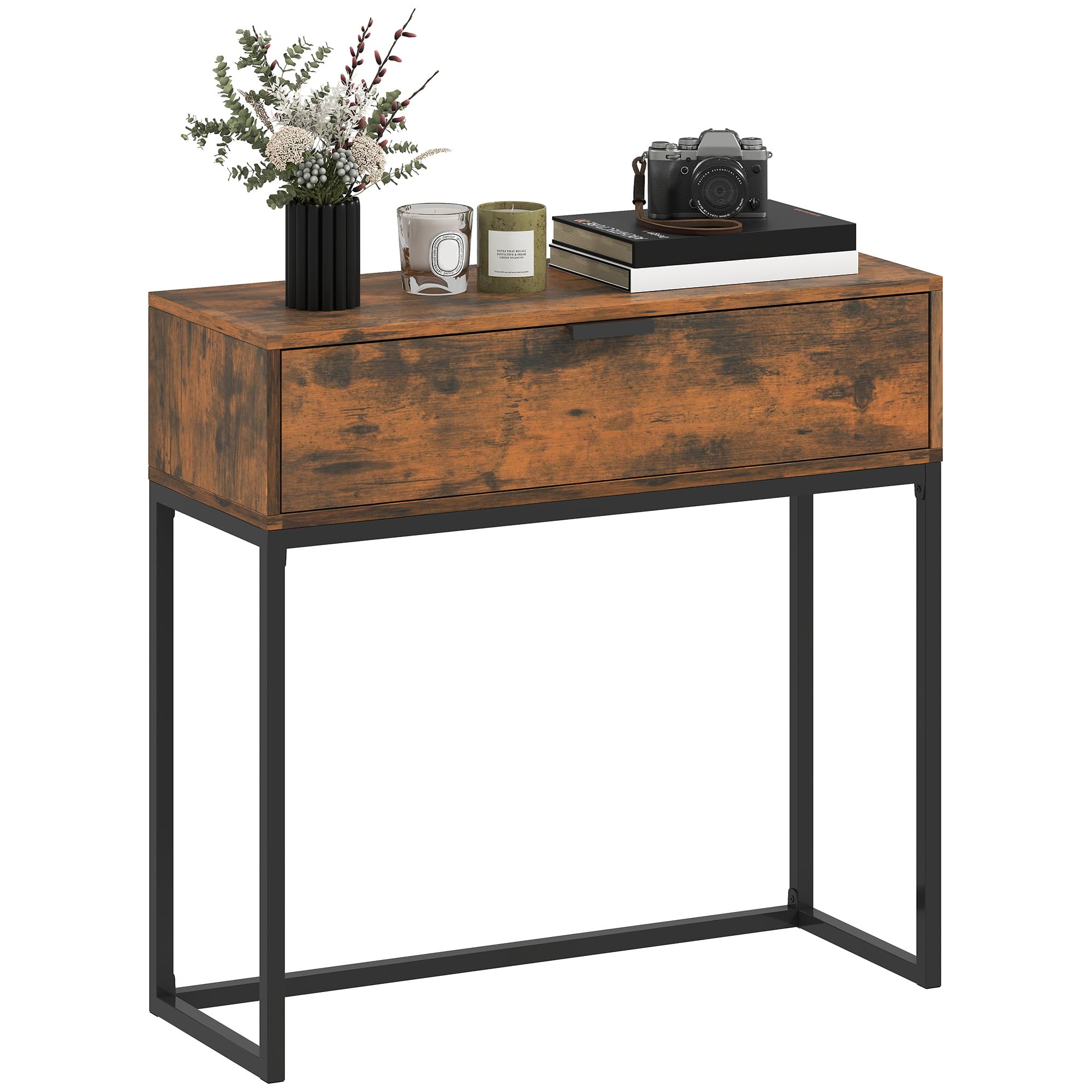 HOMCOM Stolik konsolowy, Stolik boczny w stylu industrialnym z szufladą, Stalowa rama, Stolik wystawowy do korytarza salonu, 80 x 30 x 76 cm, Rustykalny brąz