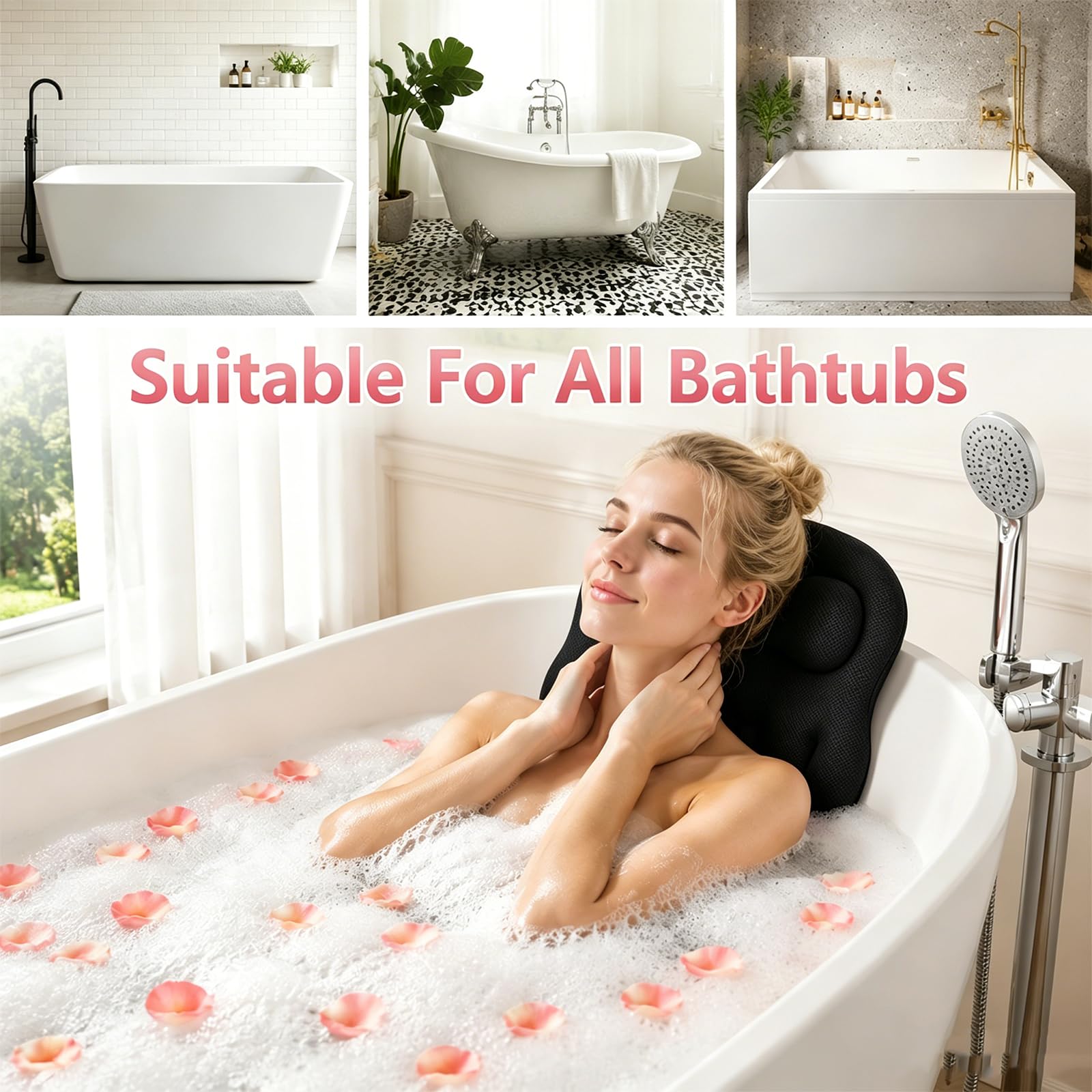 Ganzkörper Badewannenkissen für die Badewanne, Verdicktes Badewannenmatte mit Kopfstütze unterstützt Nacken, Rücken und Beine, Badewannenkissen Mit Hängehaken Saugnäpfen(Schwarz)