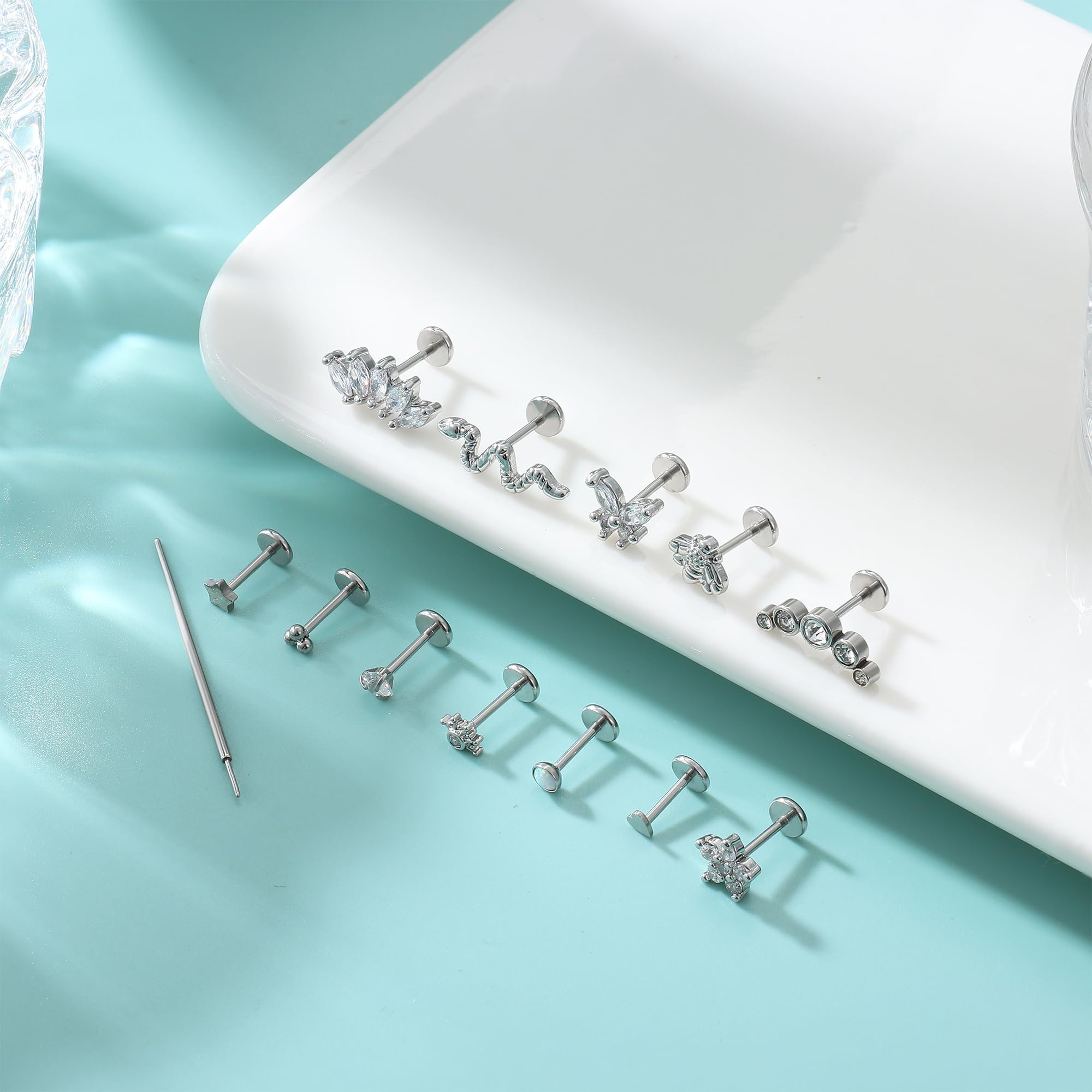 HHRFCS 12 sztuk Helix Piercing Biżuteria Stal chirurgiczna Push in Flat Back Helix Kolczyk Bezgwintowe szpilki do nosa Muszla Chrząstka Tragus Labret Piercing Biżuteria