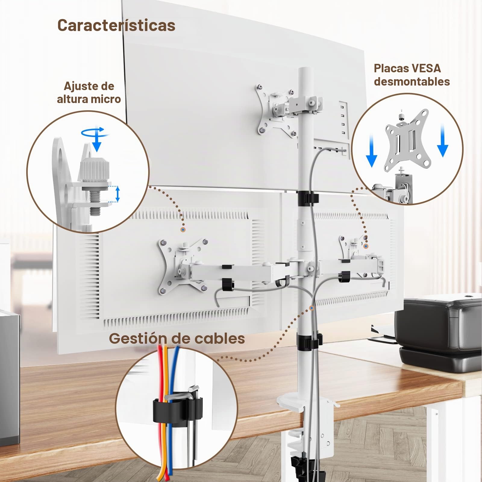 PUTORSEN Soporte Monitor Triple 13-32 Pulgadas LED/LCD, 3 Brazos Ajustable, 80cm Tubo, Peso Máximo 9 KG, Blanco