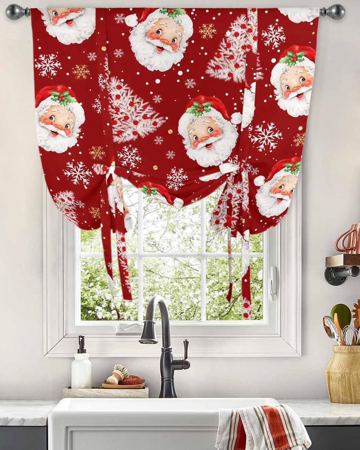 Christmas Santa Tie Up Curtains for Window, Thermal Insulted Balloon Shade Adjustable Rod Pocket Curtains Valance Panels for Kitchen Bathroom Café 34 x 45 Red Xmas Tree Gold Snowflake