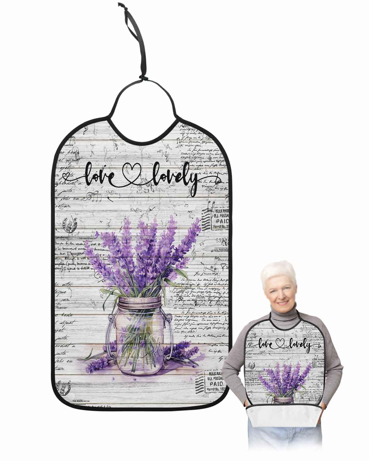 LEOKOTI Purple Spring Floral Adult Bibs for Eating, Waterproof Bibs with Food Catcher & Adjustable Snap Closure, Lavender Vintage Summer Botanical Washable Clothing Protectors Adult Bibs for Elderly