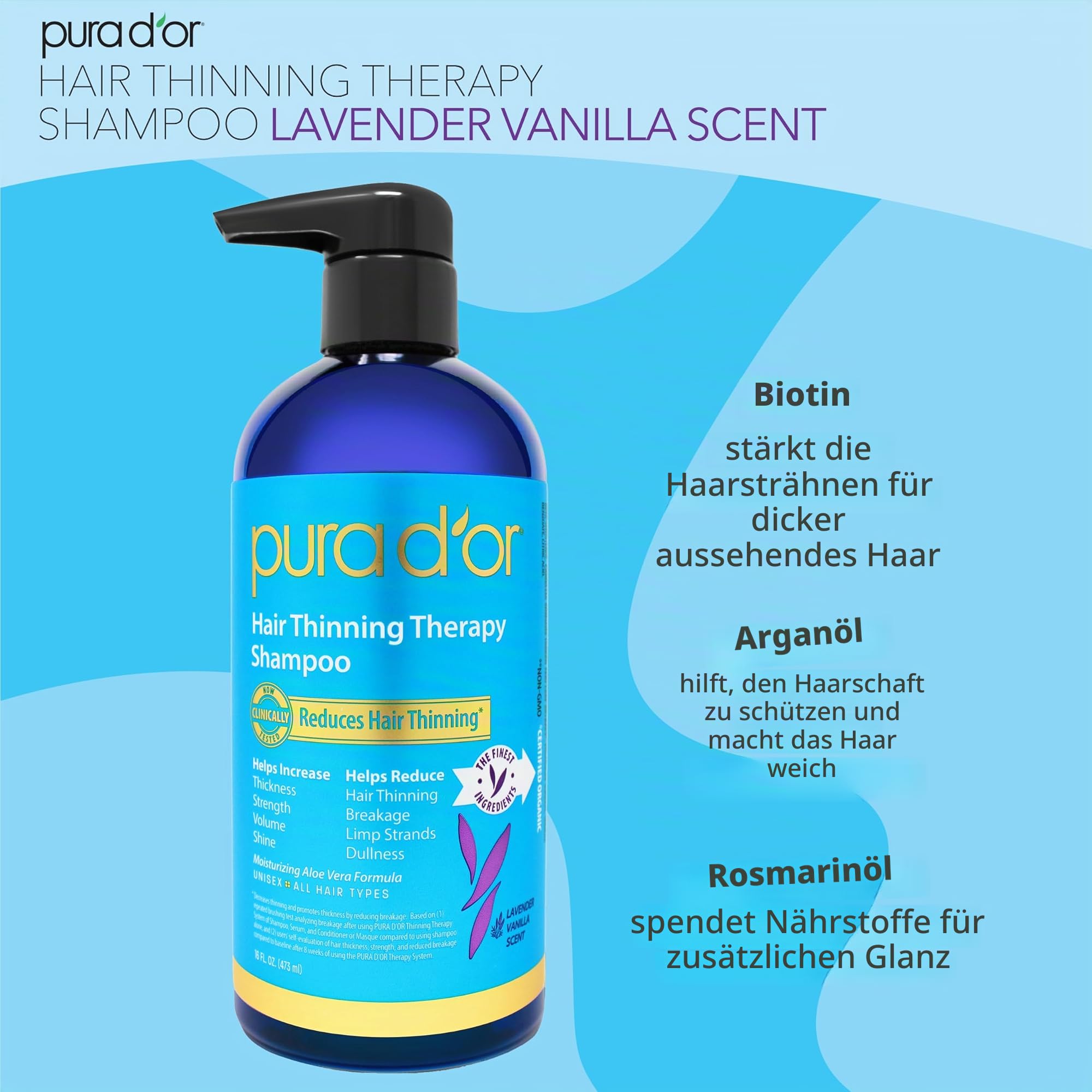 Pura D'Or PURA D'OR Biotin-Shampoo zur Haarausfall-Therapie, Duft Vanille-Lavendel (473 ml), mit Arganöl, pflanzlichen DHT-Blockern, ohne Sulfate, natürlichen Inhaltsstoffen, für Männer und Frauen, al