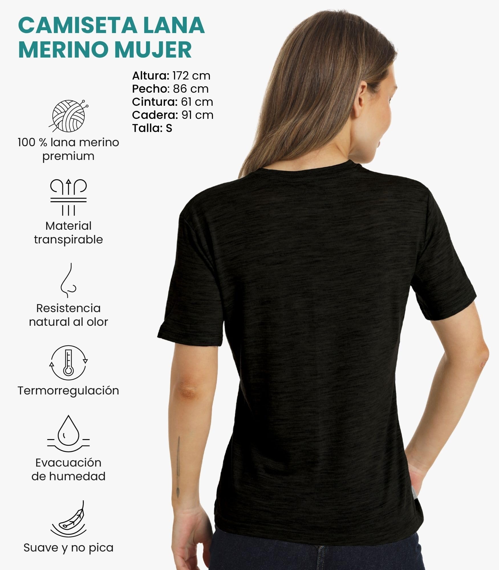 Camisa Deportiva Merino para Mujer + Calcetines de Senderismo (X-Large, Cuello Redondo Negro Jaspeado)