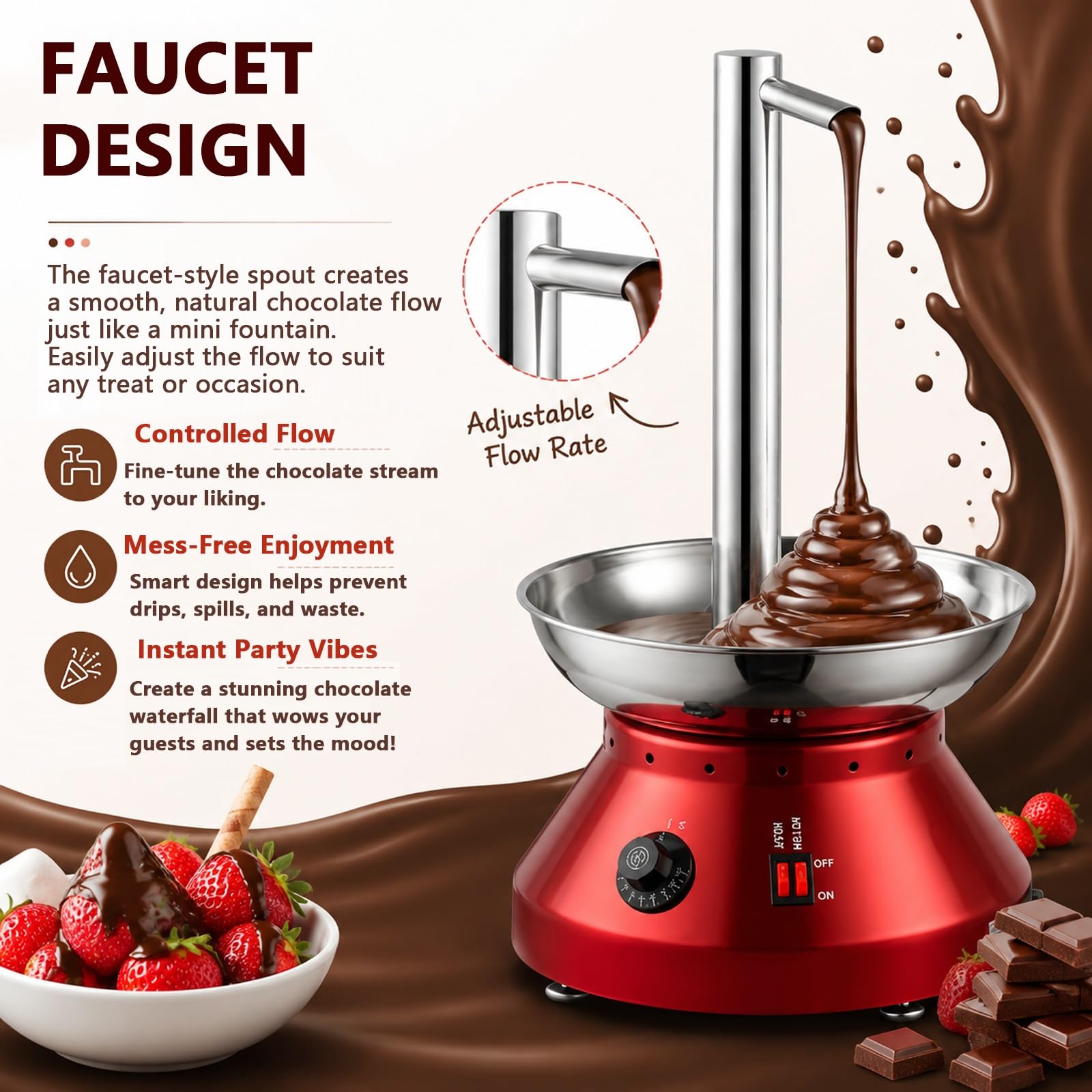 Macchina per fontana di cioccolato per feste in casa, riscaldamento professionale con distribuzione uniforme del calore, cuscinetto a prova di perdite, include raschietto per eventi e celebrazioni