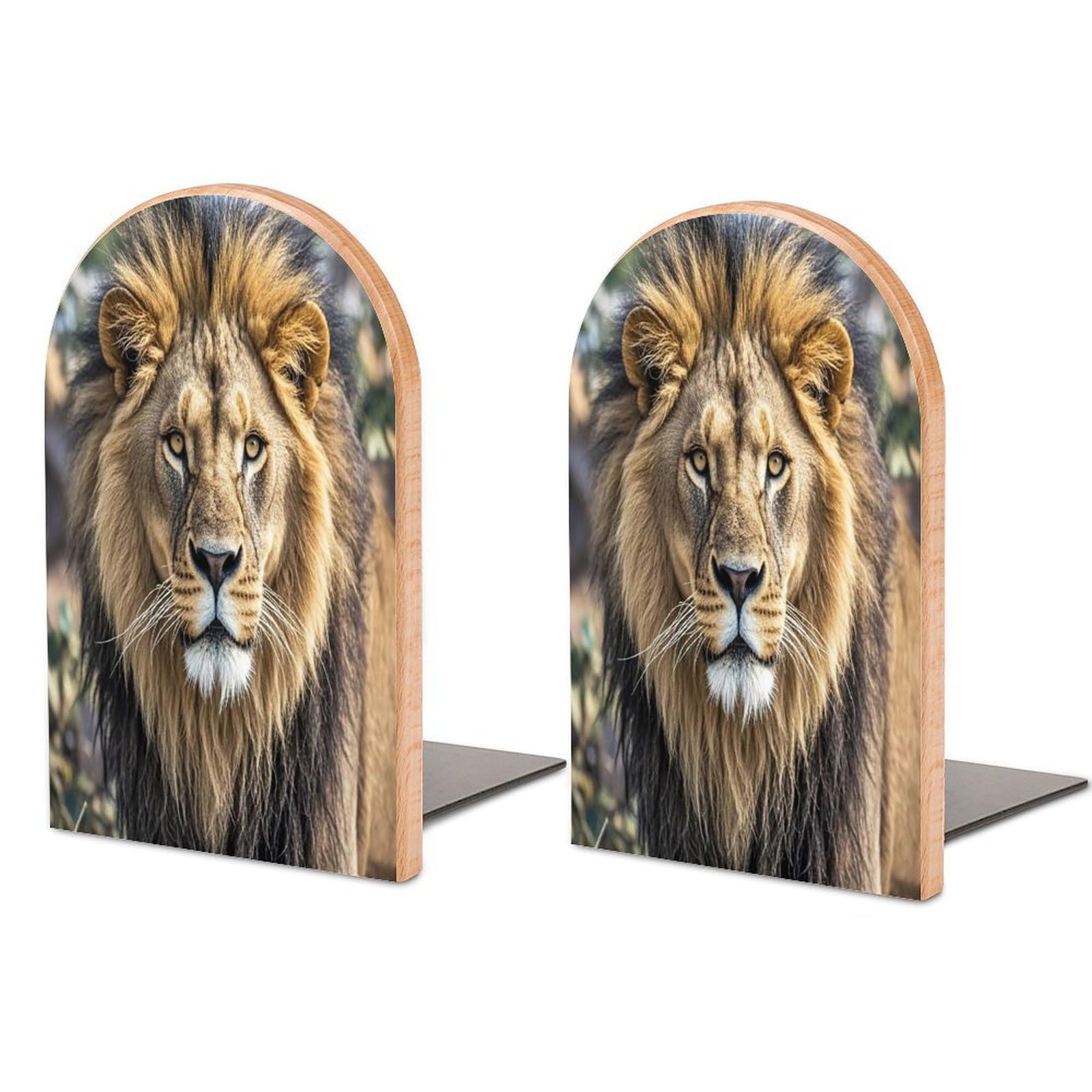 African Lion Head Bookend for Shelves Wooden Book End Sturdy Book Holders Stoppers with Metal Base for Bookshelves Slick Decorative Bookends Stands
