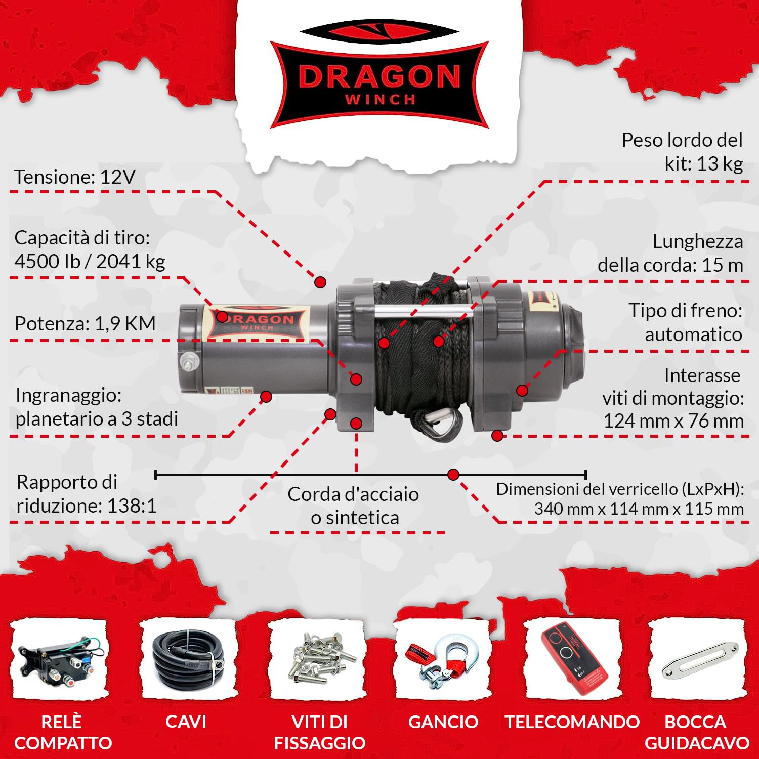 Verricello Elettrico Highlander 12V 4500 lbs 2041 kg Cavo Sintetico 15m impermeabile Telecomando Senza Fili per Off-road Quad ATV UTV