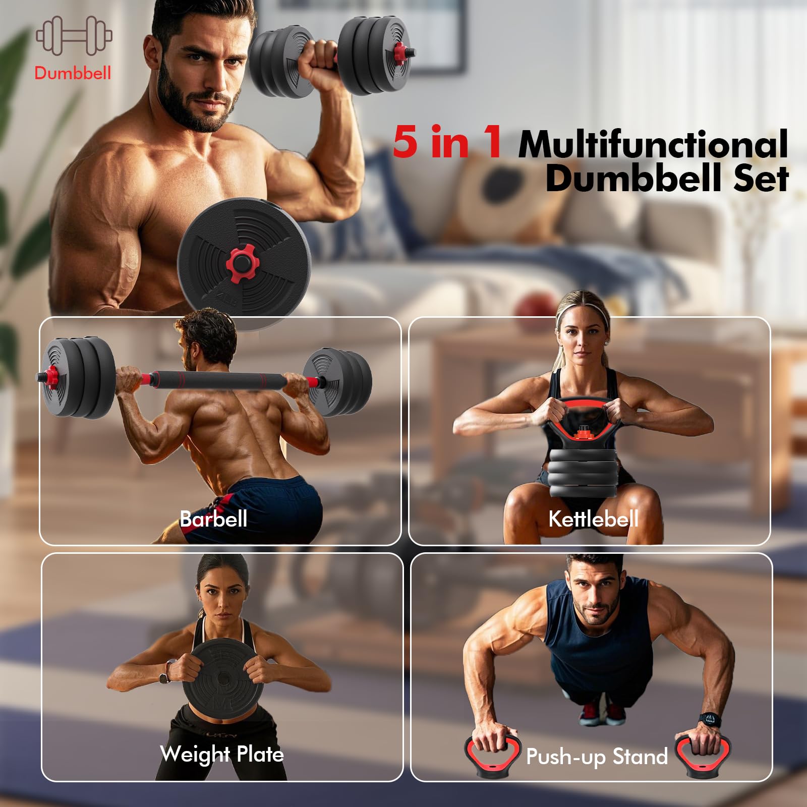 Adjustable Dumbbells Set, 60LB Free Weights set with Connector, 5 in 1 Dumbbell Set used as Kettlebells, Barbell, Push up Stand, Fitness Exercise for Home Gym Suitable Men/Women
