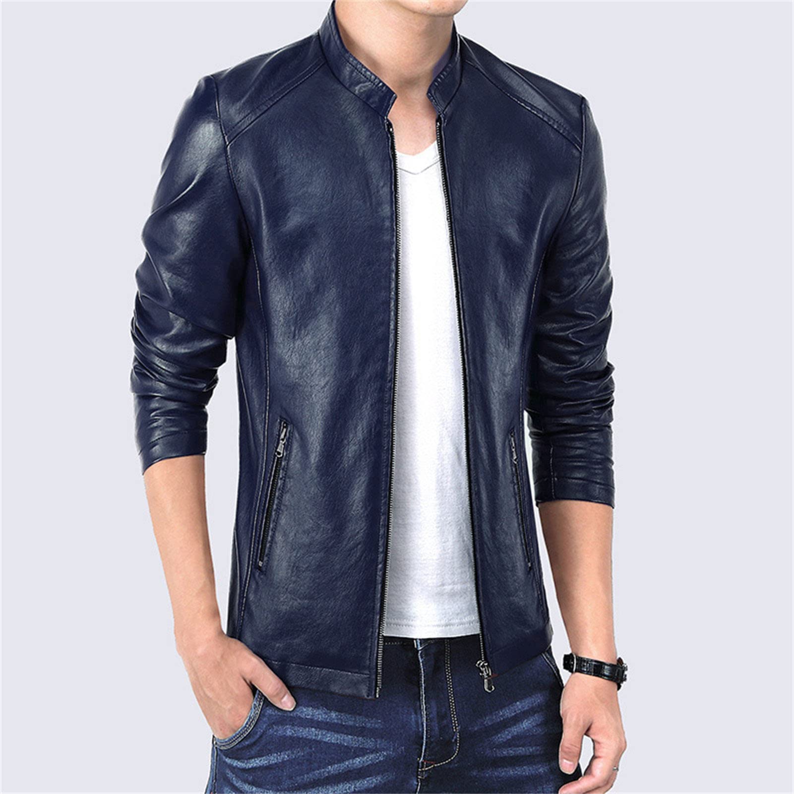 Maiyifu-GJ Men Casual Faux Leather Biker Jacket Stylish Stand Collar Bomber Jackets PU Leather Lightweight Motorcycle Coats (Blue,4X-Large)