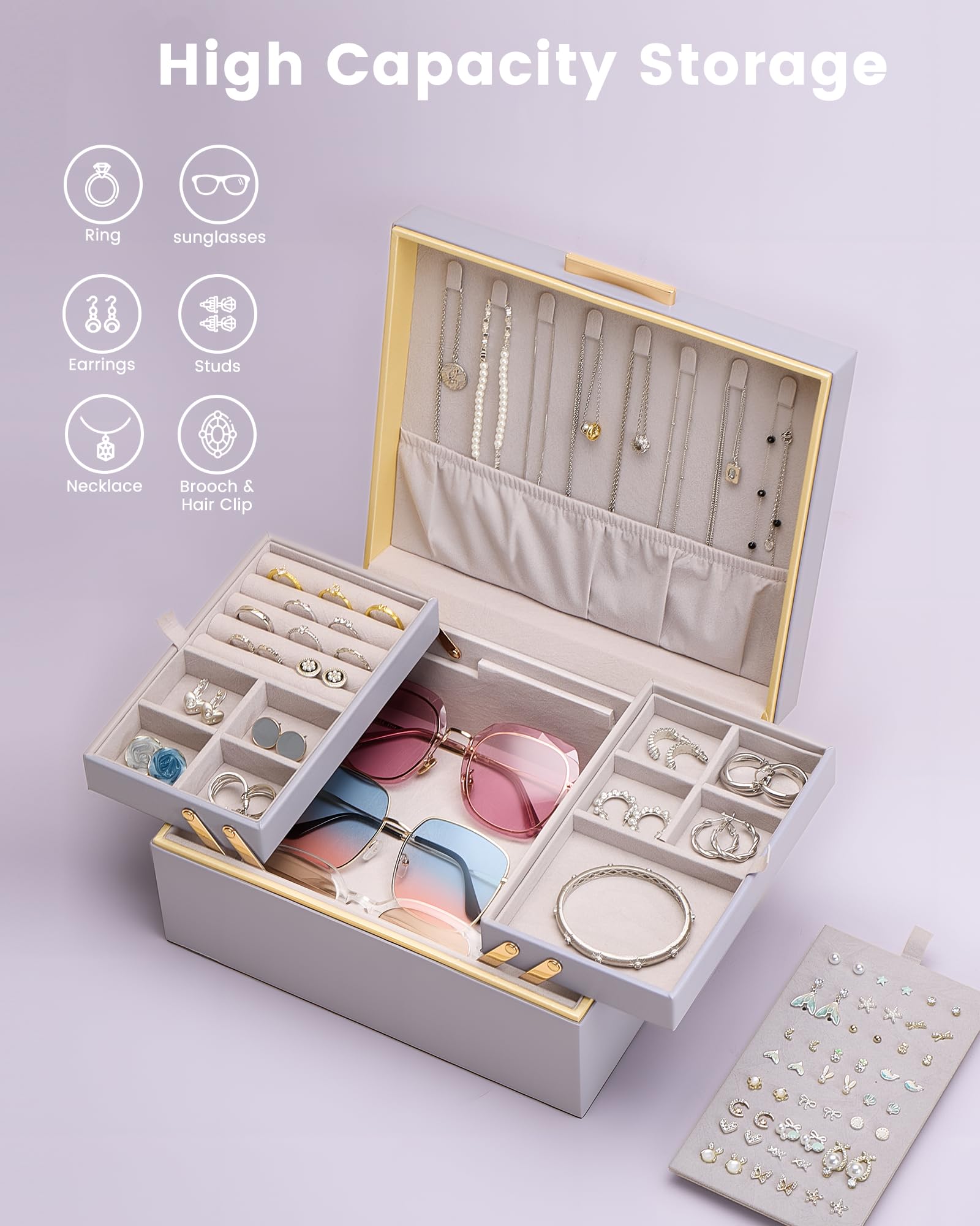 Lolalet Boîte à Bijoux, Coffret de Rangement pour Bijoux en Cuir PU, Multi-Compartiments pour Colliers, Bagues, Boucles d’oreilles, Bracelets et Lunettes de Soleil -2 Niveaux, Violet Brume