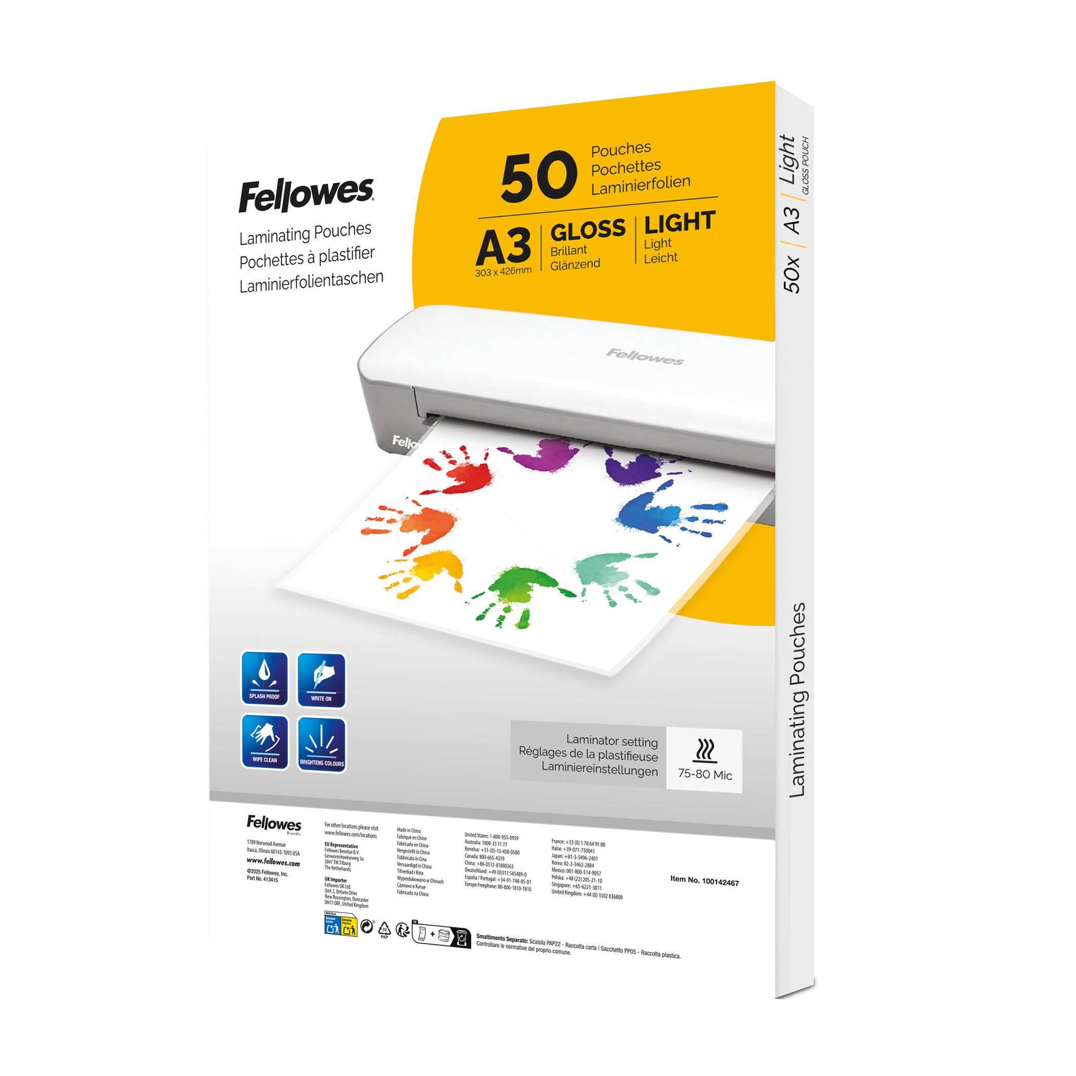 Fellowes Fogli per Plastificazione A3 Lucide 50 Pezzi Resistenti per Poster Documenti