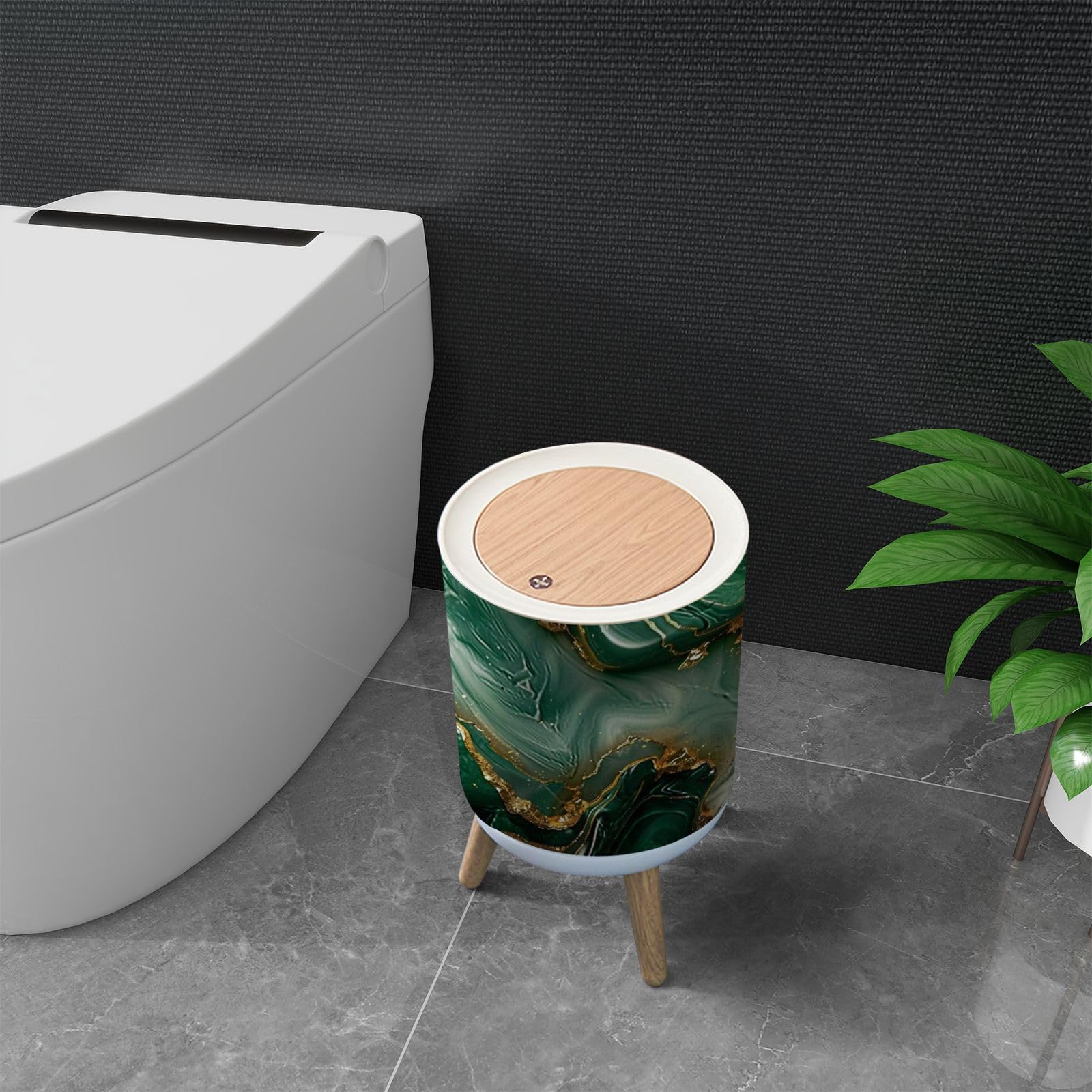 Cubo de basura con tapa, diseño abstracto de mármol de lujo, textura de mármol, verde y dorado, cubo de basura 3D, redondo, a prueba de perros, para cocina, baño, sala de estar, guardería,
