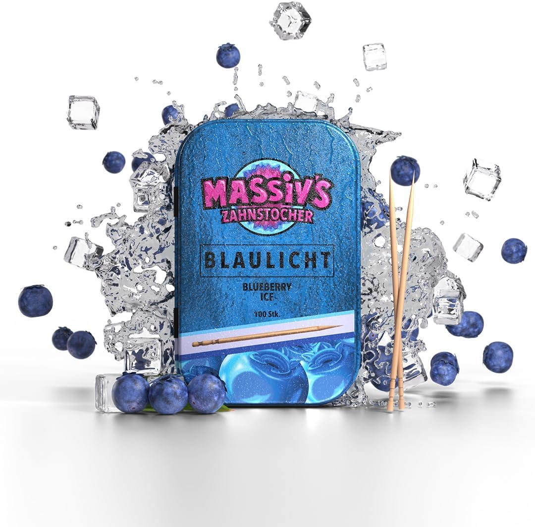 Massiv’s Zahnstocher - Palillos con sabor - BLAULICHT Blueberry Ice - 100 palillos con sabor - Aliento fresco - Caja metálica estilizada - Vegano, Sin azúcar - higiene bucal - contra morderse las uñas | 100 palillos de dientes aromatizados – aliento fresc