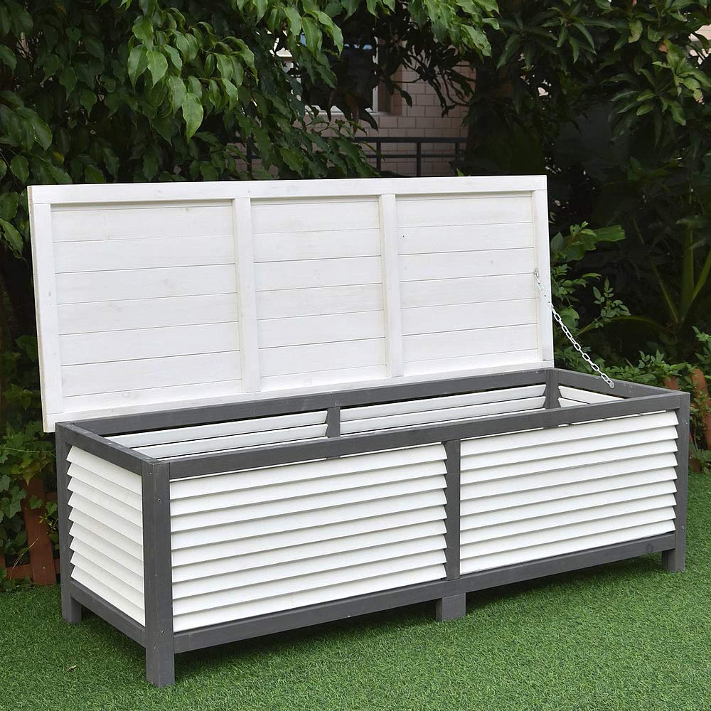 Cassapanca da Giardino Melko 46 x 140 x 52 cm Bianco/Grigio con Coperchio Pieghevole in Legno