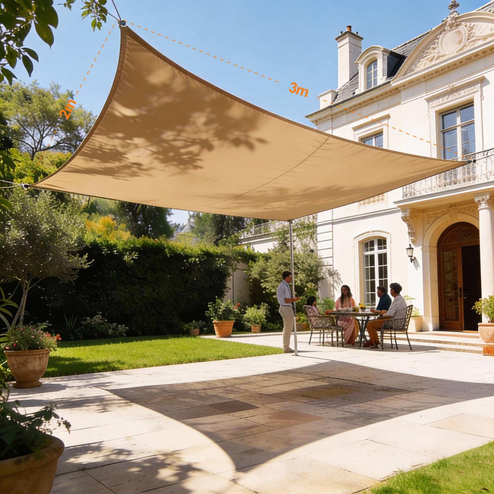HAIKUS Voile d'ombrage Imperméable Carré 5x5m, Toile Ombrage PES Résistant à l'eau, Filet dombrage 5m Résistant 98% Protection Rayons UV pour Patio Jardin Terrasse Camping Extérieur, Sable 5x5