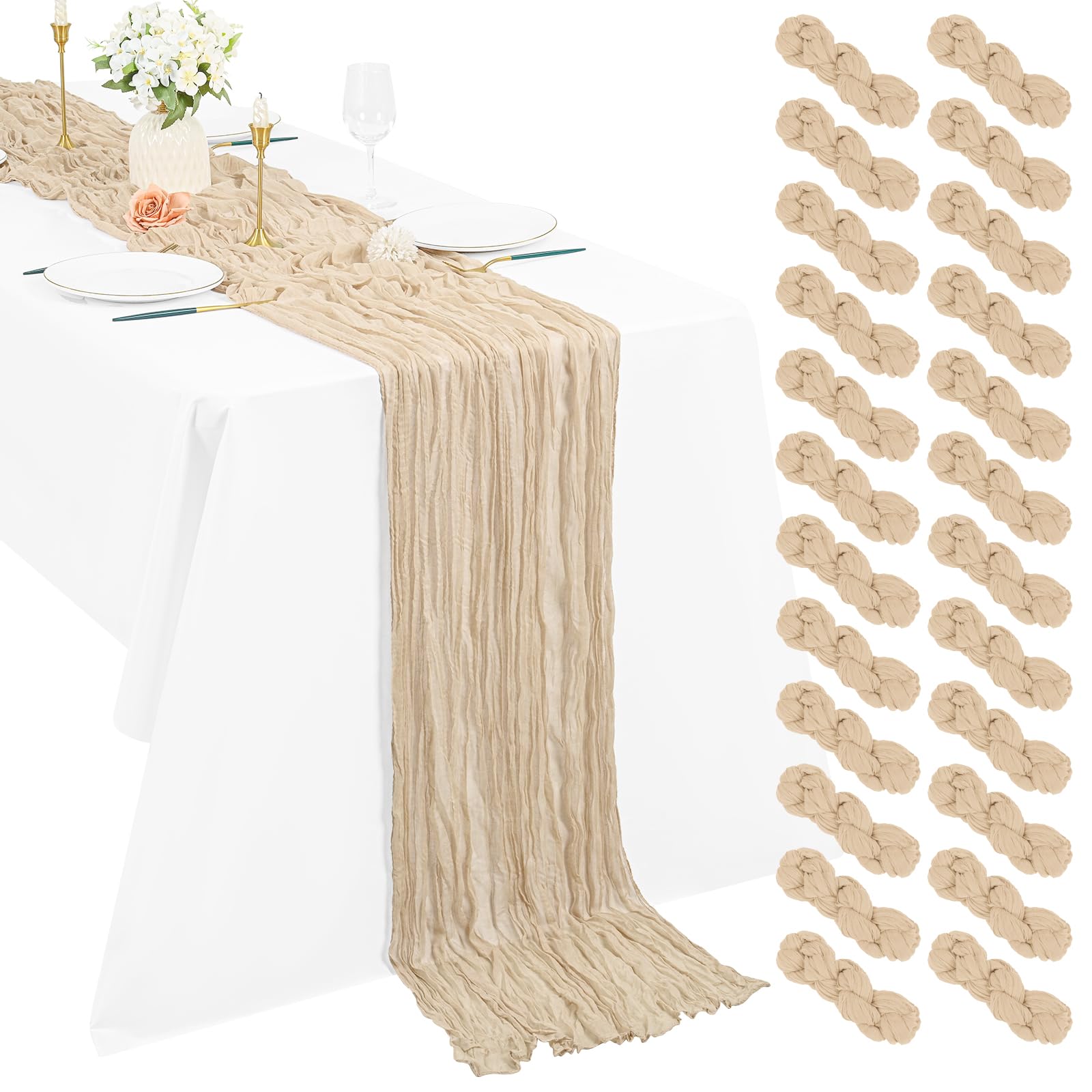 Pesonlook 24 Pack Beige Cheesecloth Table Runners 10Ft, 21 x 120 Inch / 55 x 300 cm Long Boho Gauze Table Runner for Wedding Reception, Bridal Shower, Baby Shower and Rustic Party Table Decor