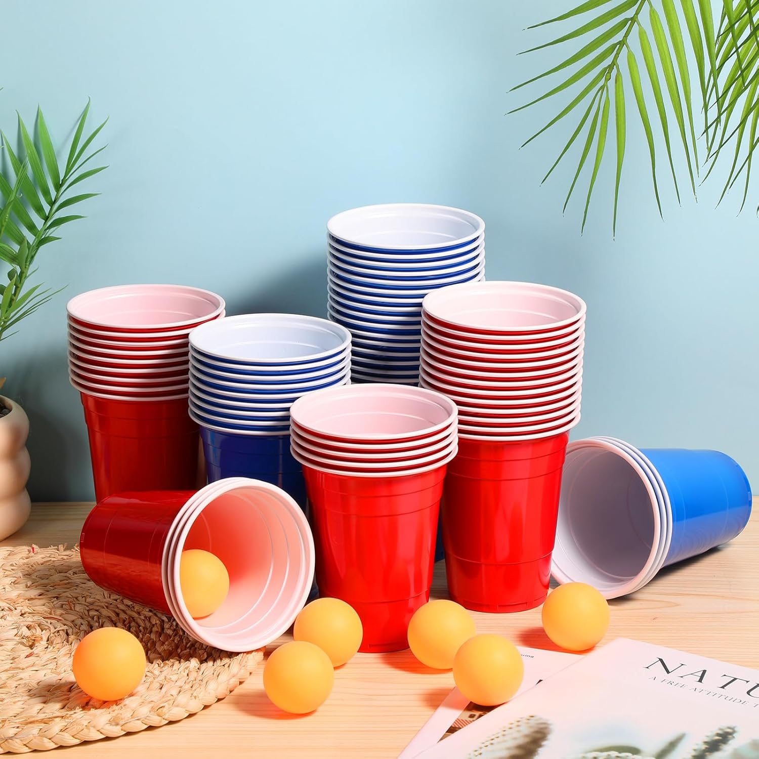 Qinyoung 76 Pcs Cups and Balls Game Set for Party, Plastic Flip Cup Stacking Game Colorful Reusable Table Tennis Ball Indoor Outdoor Toss Activity for Birthday Wedding Drinking Party (Red Blue)