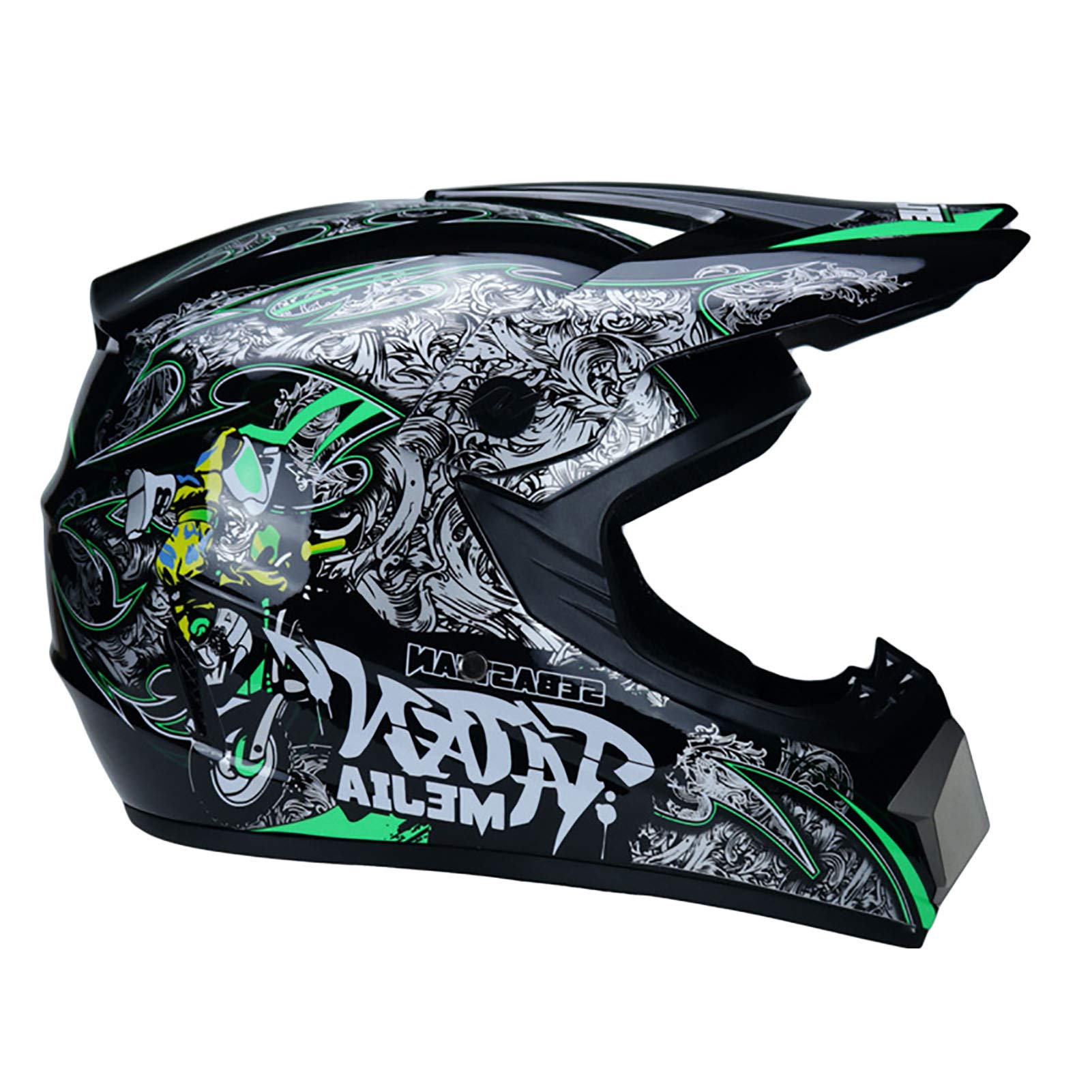 YATT Motocross Helmet, Give Away Goggles + Gloves + Face Mask Set Removable Washable Inner Lining Removable Brim Lightweight Bright Black And Green Motorcycle Pattern Adult Full Face Helmet