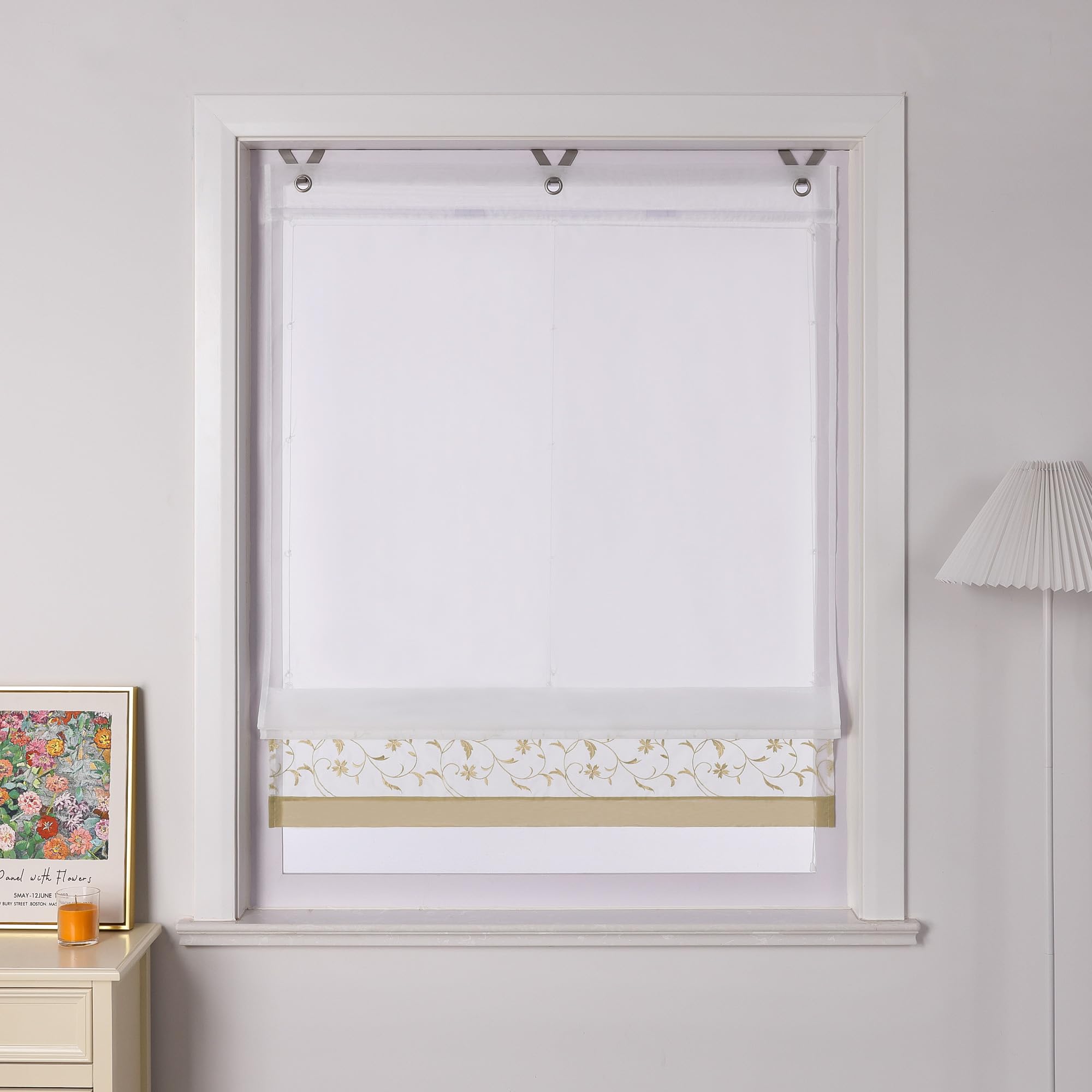 Joyswahl Tenda a pacchetto in voile, senza fori, con occhielli, per finestre, soggiorno, trasparente, ricamata, 60 x 150 cm, beige, 1 pezzo