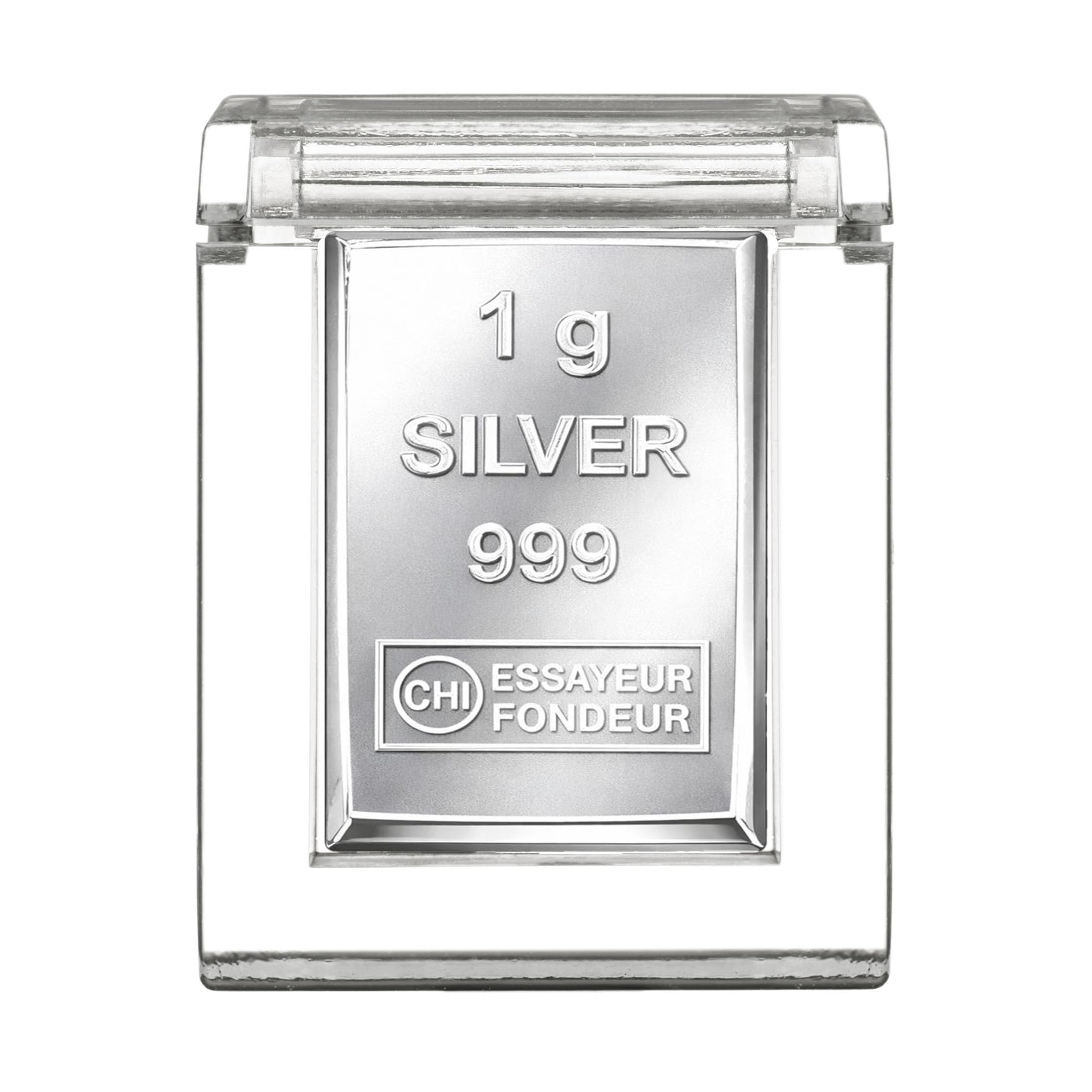 1g Silberbarren 999 Feinsilber in Acrylglaskapsel – inkl. Geschenkbeutel, Grußkarte & Echtheitsgarantie – kleines Silber Geschenk & Mitbringsel - Silberstücke24