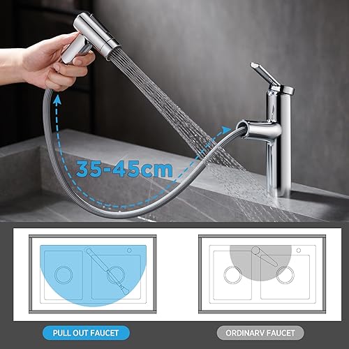 Miniatura 3 de Grifo de baño con rociador extraíble, grifo de lavabo de baño de un solo agujero, cromado de una sola manija, grifo de tocador con boquilla