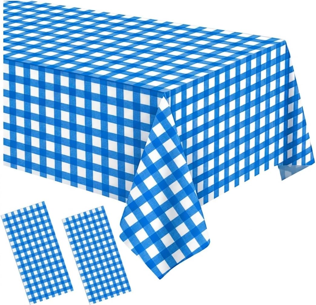 Vesmiga 2 Pack Blue and White Gingham Tablecloth, 137x274cm Plastic Checkered Table Cover, Wipeable Waterproof Tablecloth for Picnic, BBQ, Birthday Party and Garden Party
