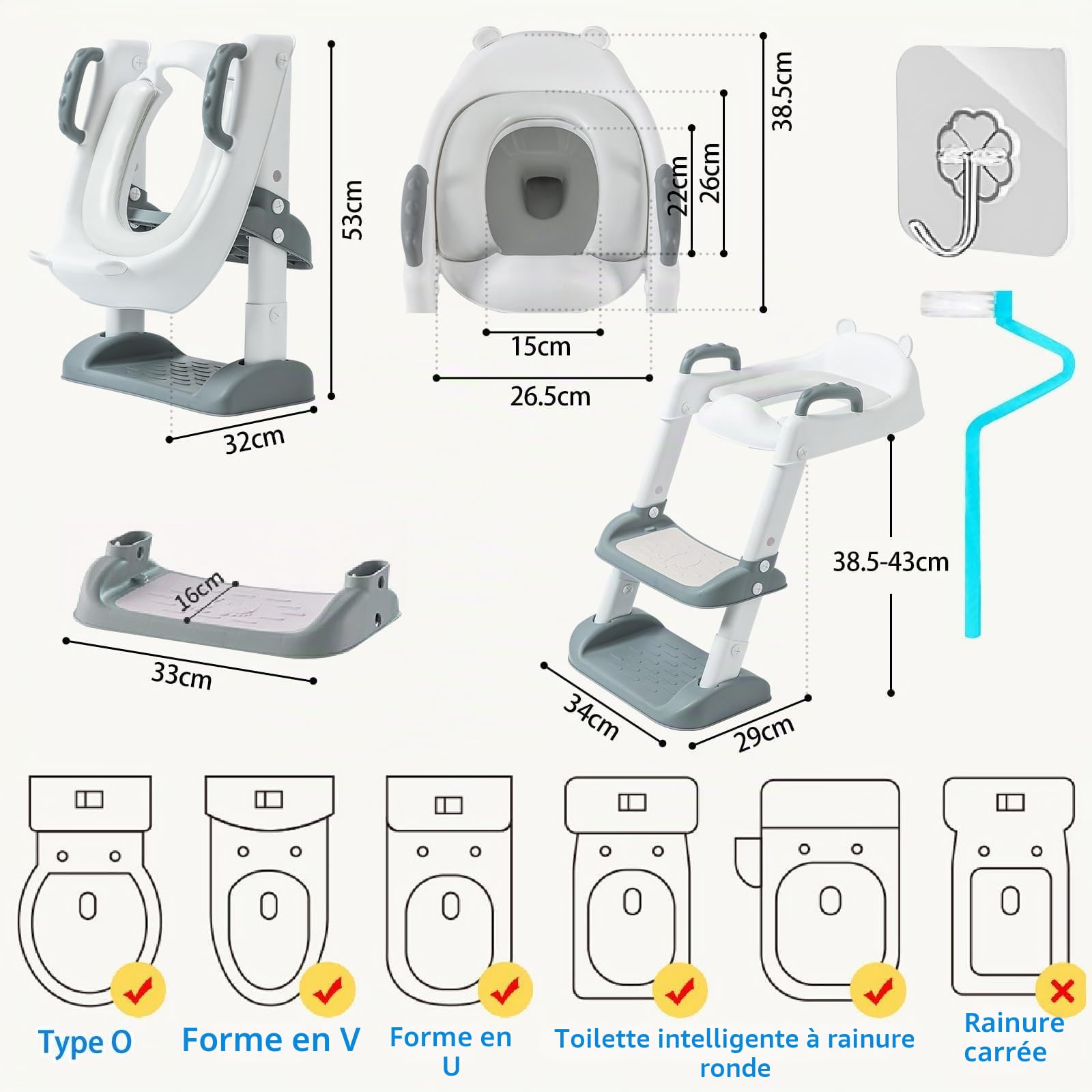 UCAMP Reducteur Toilette Enfant,Réducteur WC avec Marches,Rehausseur Toilette Enfant avec PU-Coussin,Siège de Toilette Enfant Réglable en Hauteur Pliable,éclaboussures et antidérapant,Adaptateur Toile