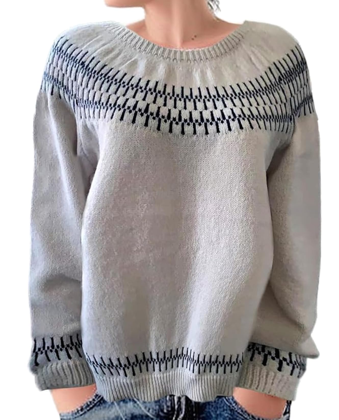 Fair Isle Sweater for Womens Winter Long Sleeve Vintage Knitted Sweater Casual Fall Crew Neck Pullover Sweaters