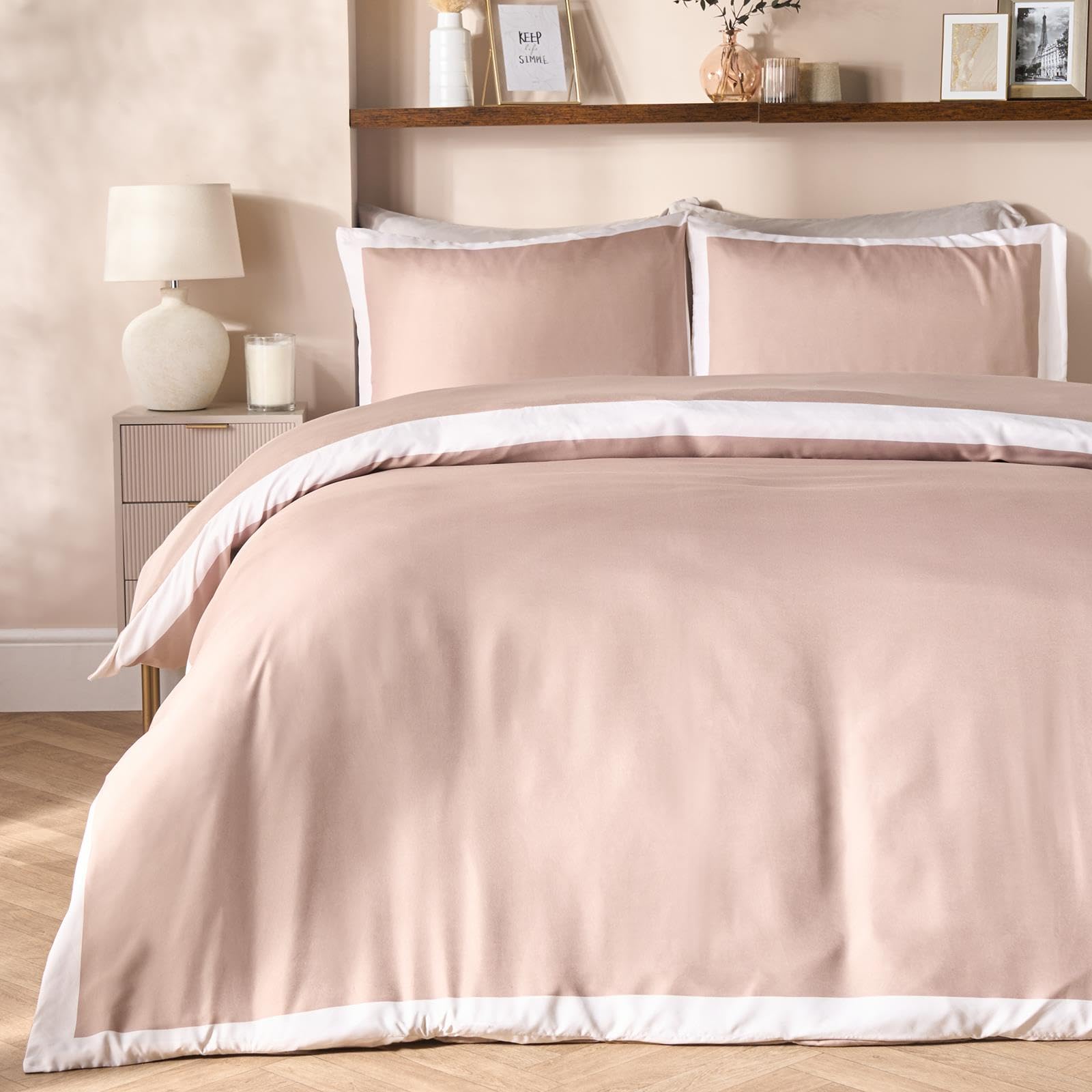 Brentfords Double Duvet Set, Super Soft Cosy Warm Microfibre Polyester Stylish Contrast Border Double Bedding Modern Comfy Quilt Cover Set with Matching Pillowcases, Ivory/Mink