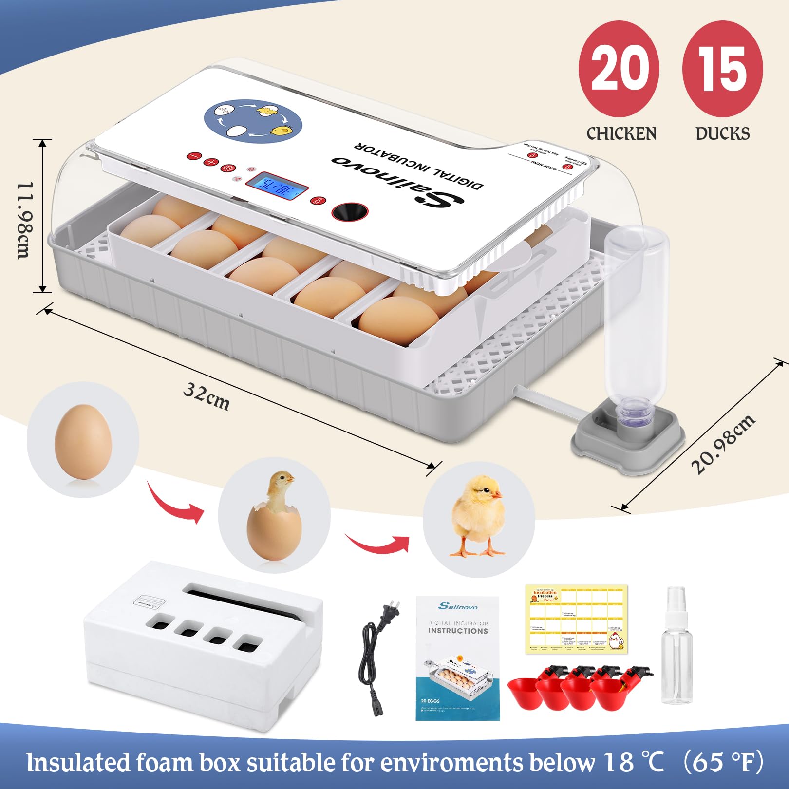 Sailvono 20 Incubateur entièrement automatique, avec ajout d'eau externe, contrôle de la température, éclairage LED, retournement automatique des œufs, de poules - Blanc
