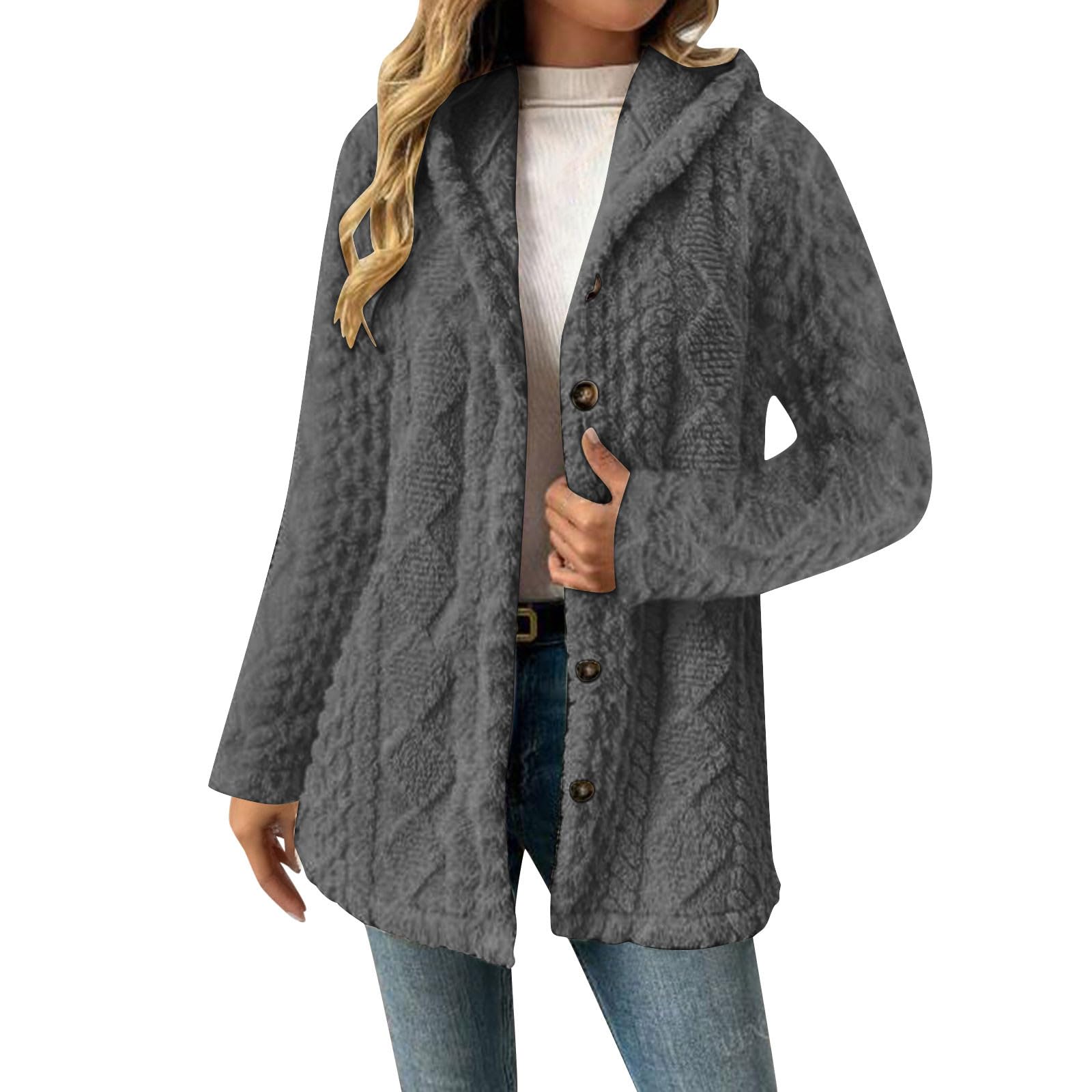 Womens Sweaters Knit Open Front Button Down Sweater Trendy Chunky Winter Warm Hooded Cardigan Outerwear Coats