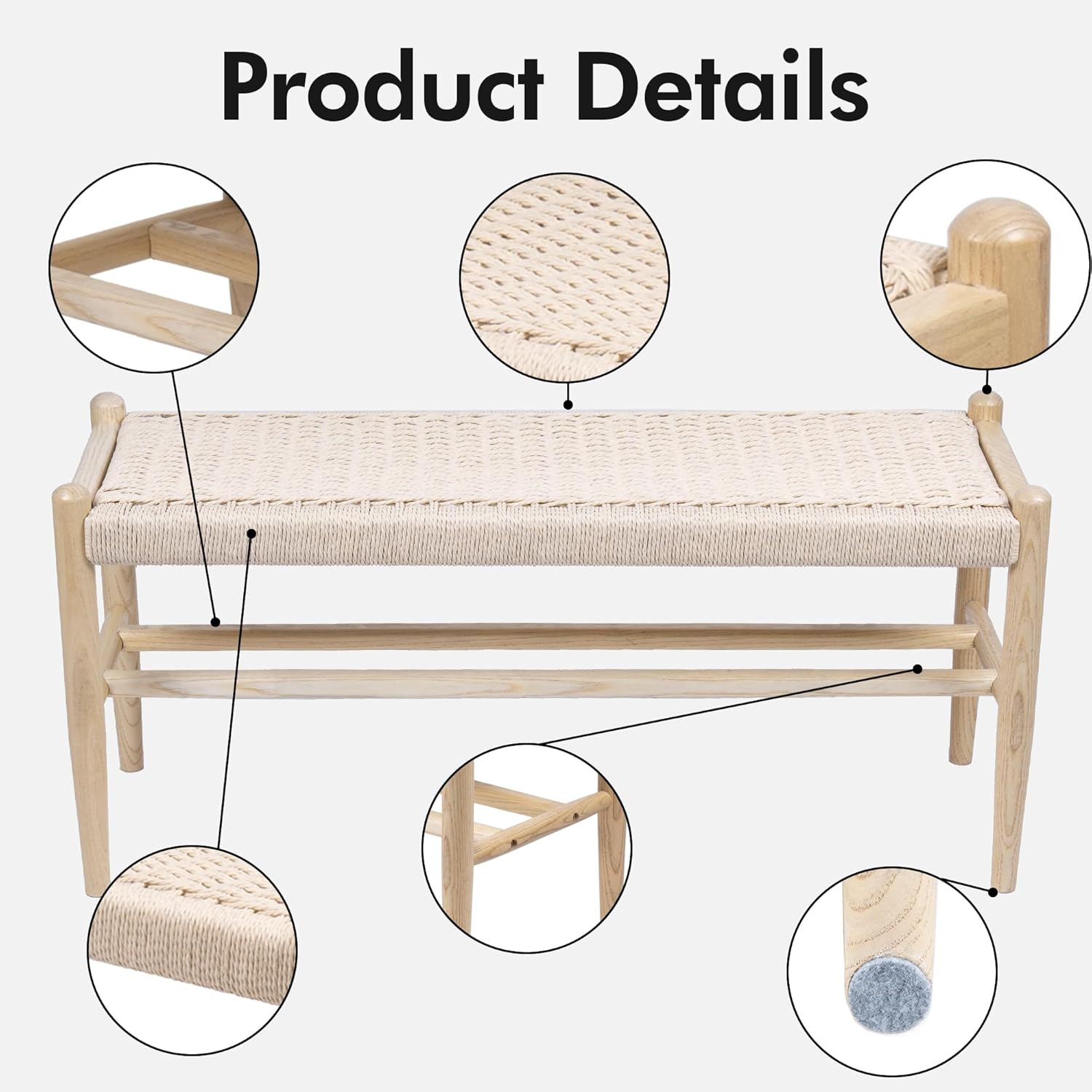 Solid Wood Entryway Bench with Shoe Storage, Rustic Oak Wood and Woven Design 31.5 Inch Long Seating for Living and Dining Rooms,Nature