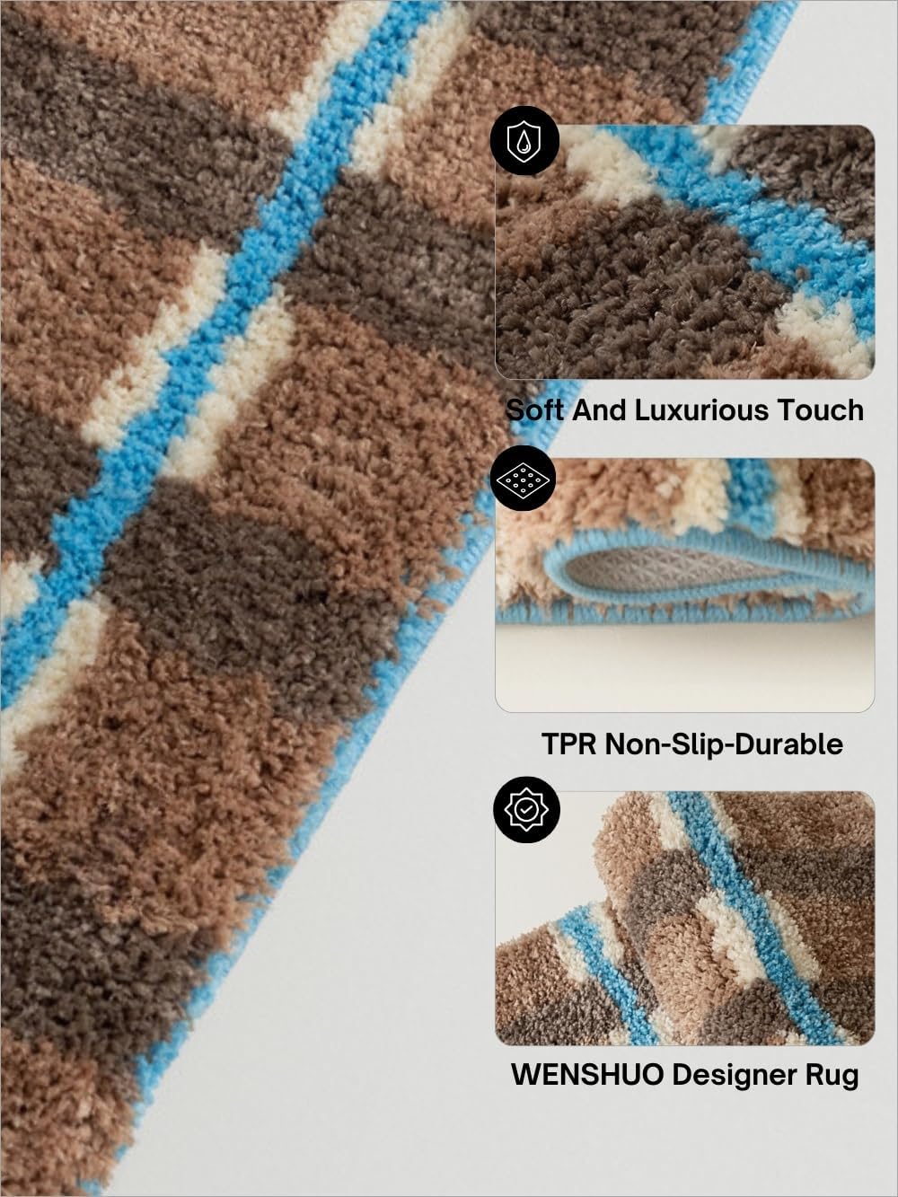WENSHUO Seasalt Checked Area Rug (Brown),Microfiber Absorbent Non-Slip Throw Rug,TPR Non-Slip Bottom（29.53" L × 17.72" W）